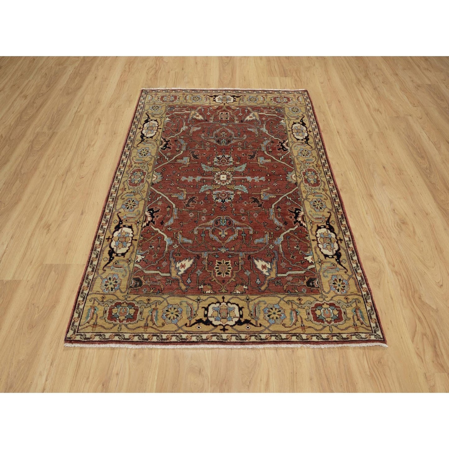 4'2"X6'2" Red Antiqued Fine Heris Re-Creation Hand Knotted Pure Wool Rug
