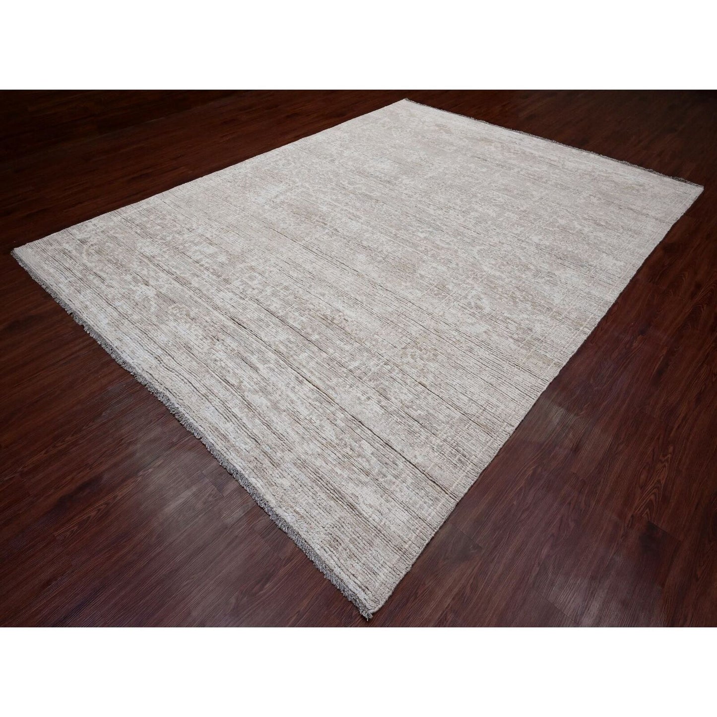 9'X12' Light Brown Moroccan Weave Erased Pattern Hand Knotted Wool Rug