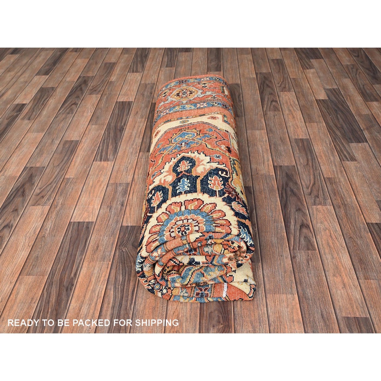 8'X9'7" Orange Afghan Peshawar Seeripe Heris Design Hand Knotted Wool Rug