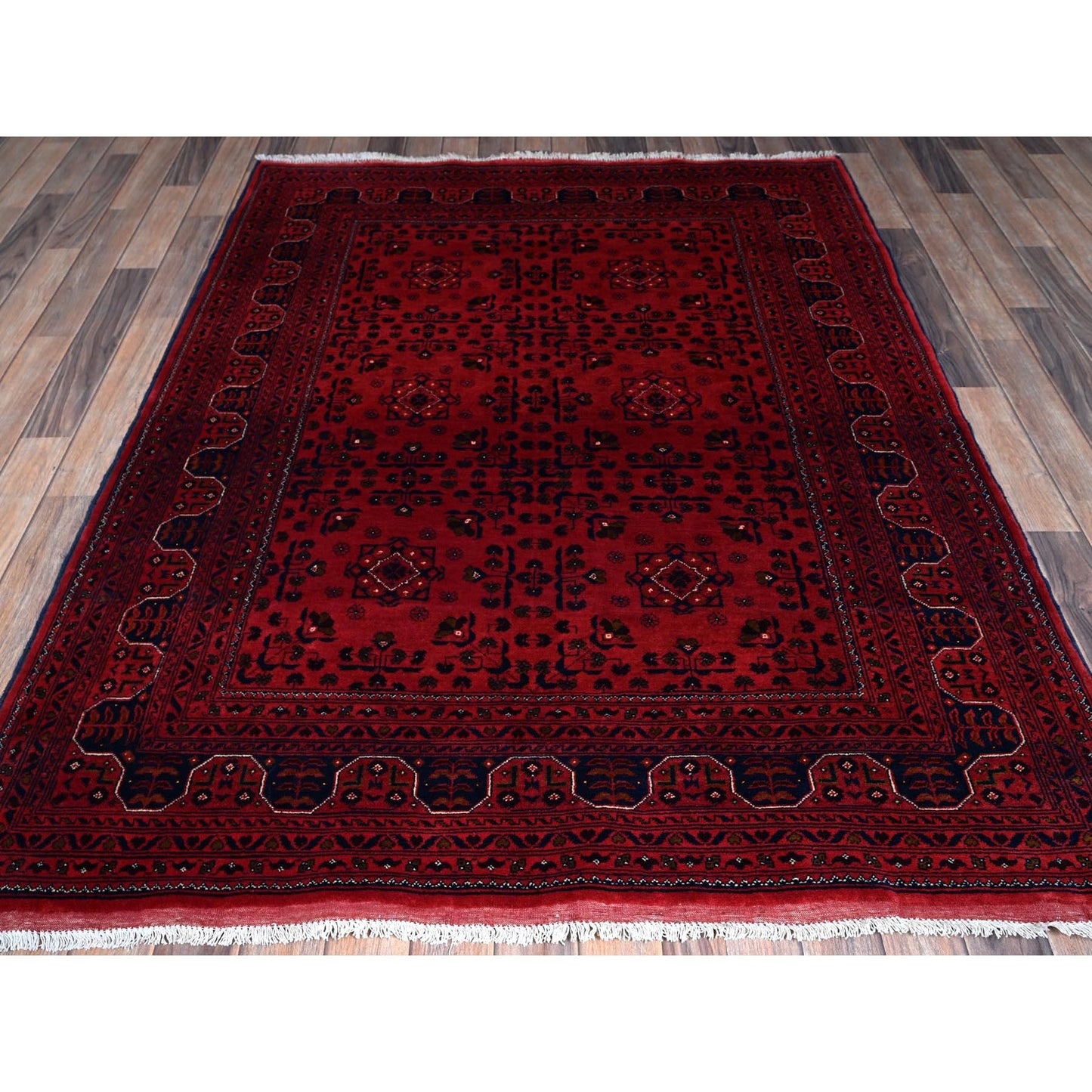 5'X6'4" Red Afghan Khamyab With Tribal Design Pure Wool Hand Knotted Rug