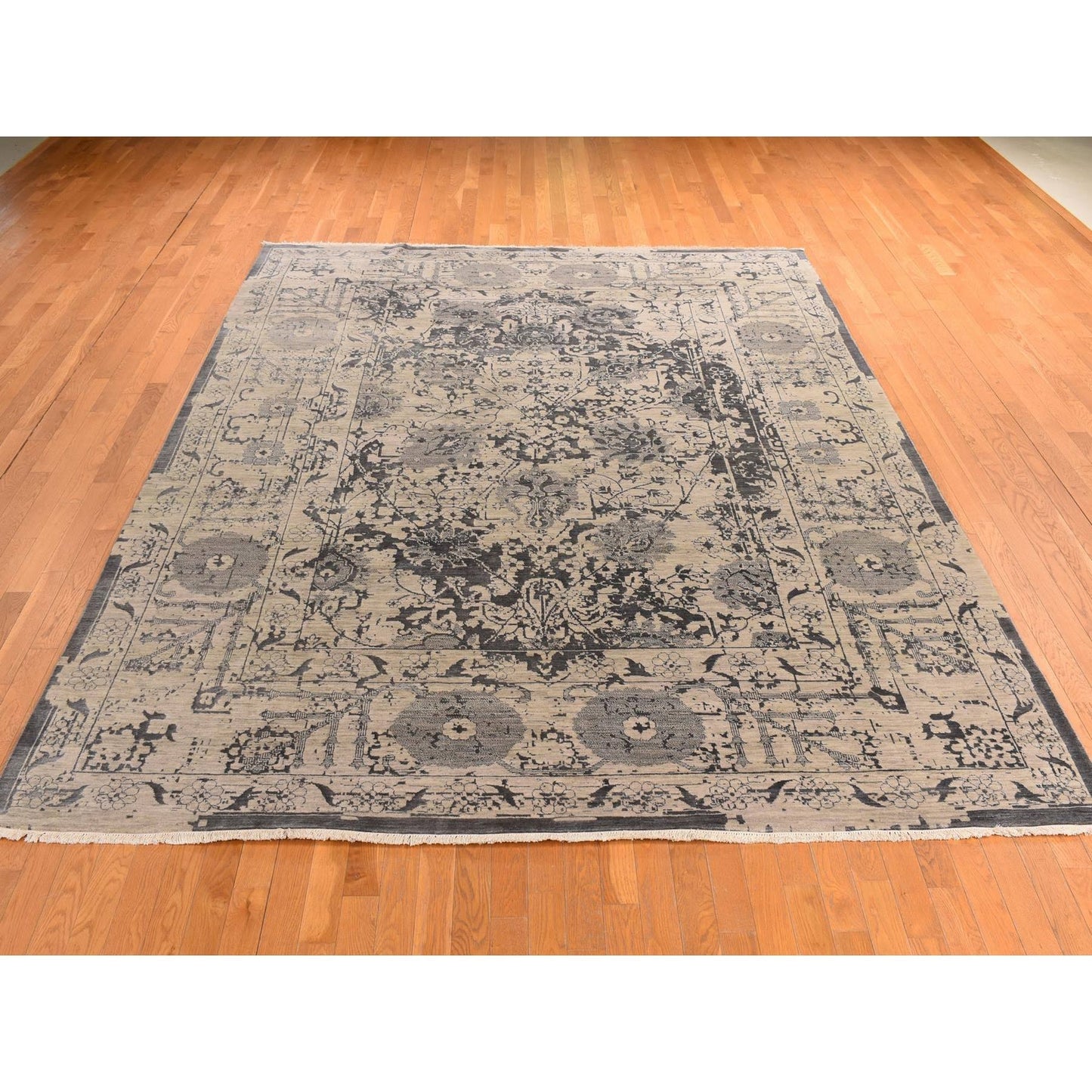 9'1"X12' Tan Color Erased Zoroastrian Design Wool & Silk Hand Knotted Rug
