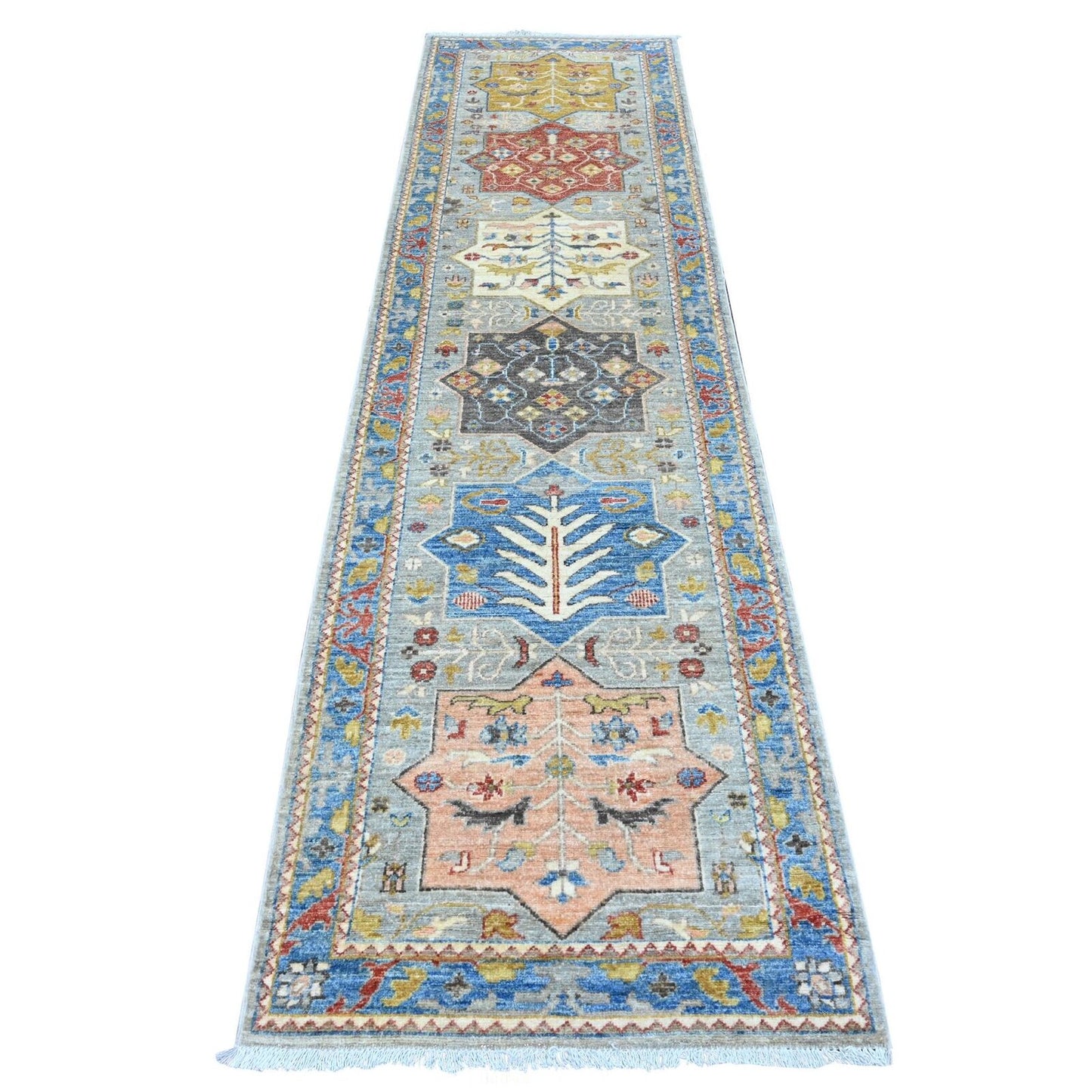 2'7'X10'2" Gray Caucasian Akstafa Design All Wool Hand Knotted Runner Rug