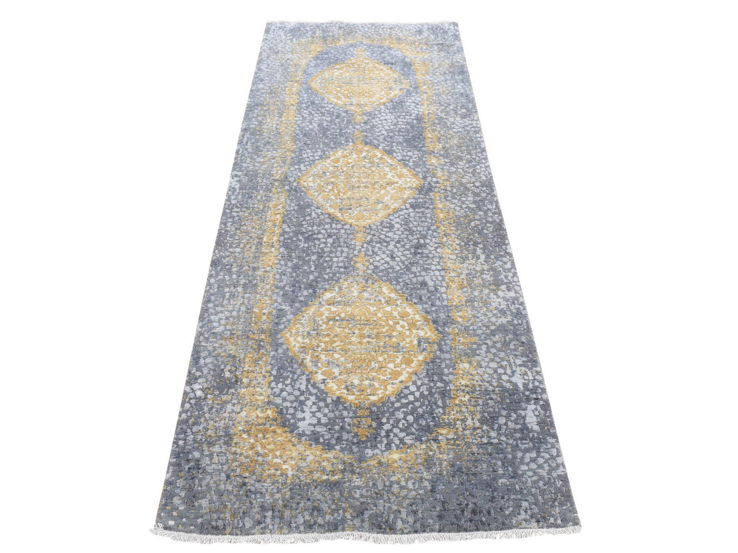 3'2"X10' Gray Zoroastrian Design Wool And Silk Hand Knotted Runner Rug