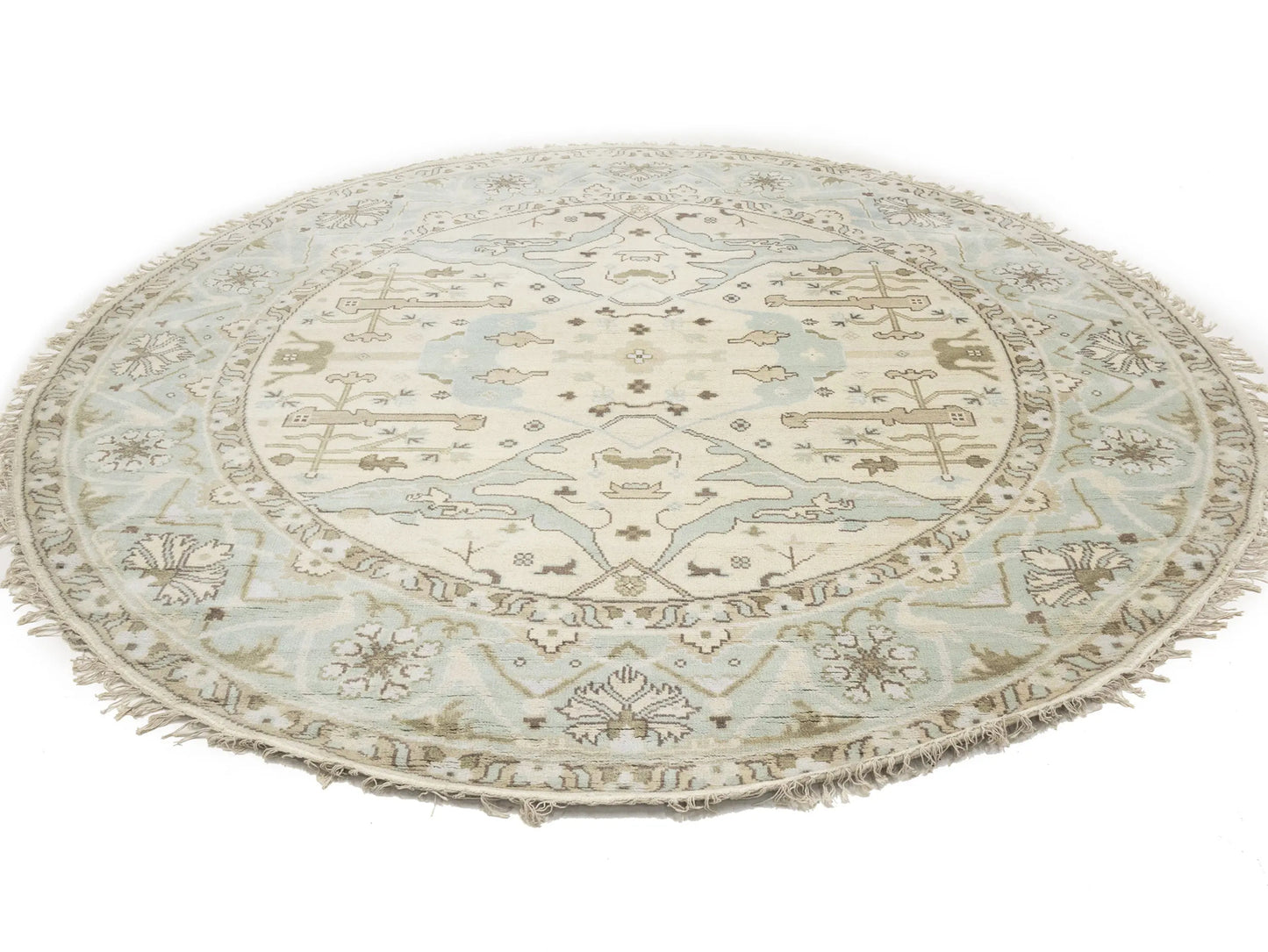 Hand-Knotted Cream Round Oushak Oriental Rug