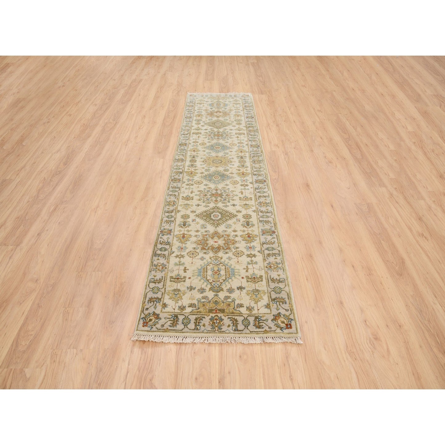 2'7"X9'9" Ivory Karjihooz Design Soft Wool Hand Knotted Runner Rug