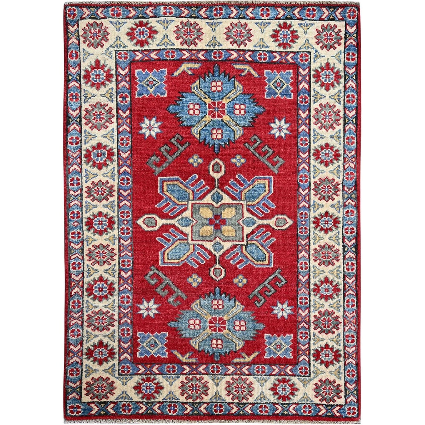 2'9"X4' Berry Red Kazak With Tribal Design Hand Knotted Soft Wool Mat Rug