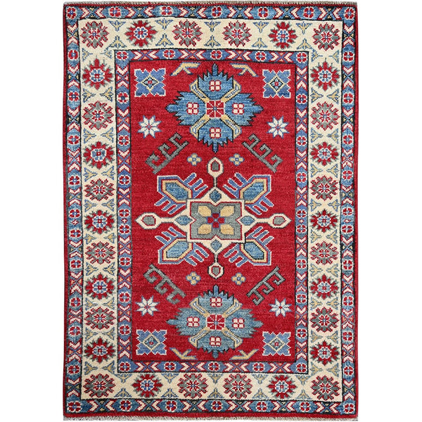 2'9"X4' Berry Red Kazak With Tribal Design Hand Knotted Soft Wool Mat Rug