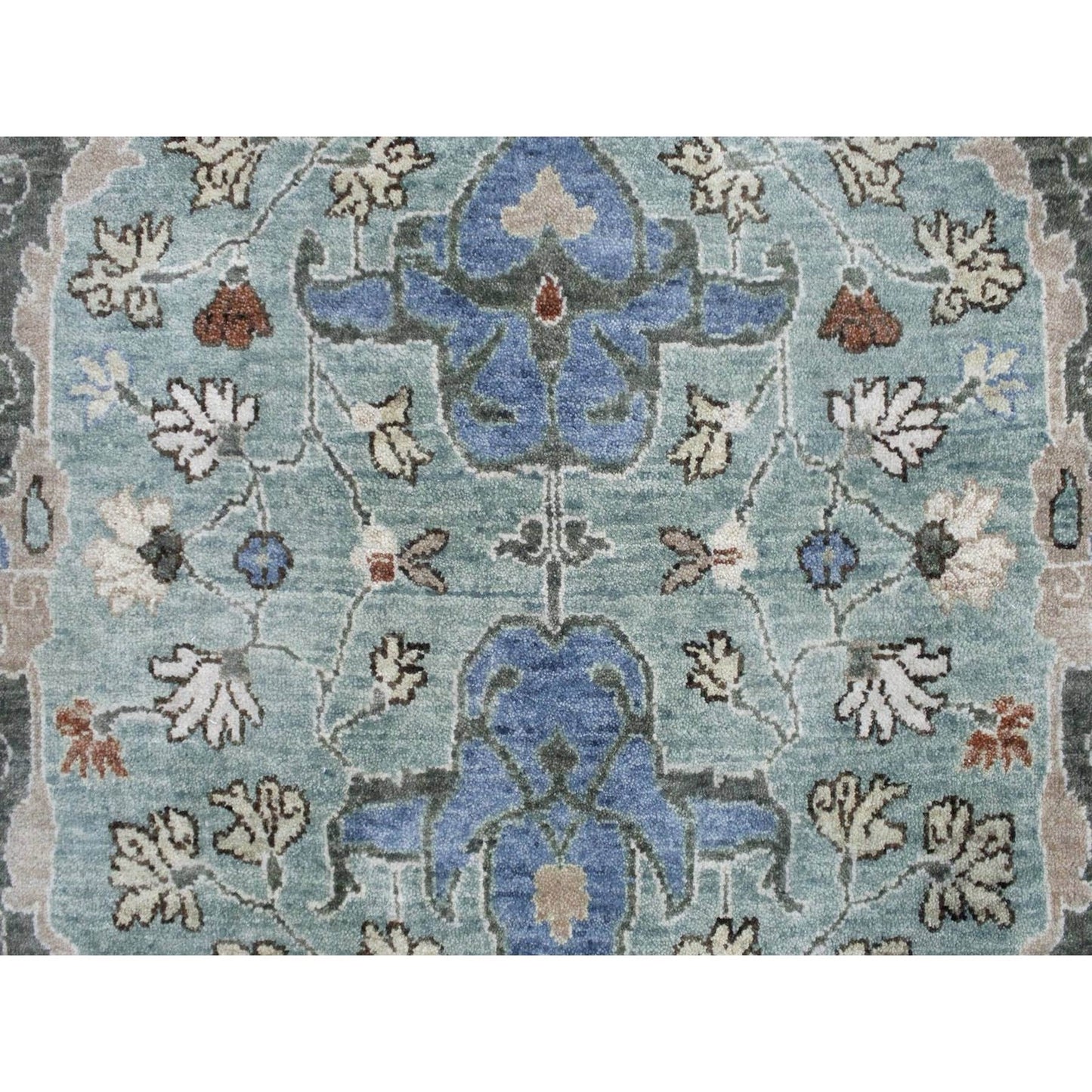 9'X11'9" Teal Green Hand Knotted Oushak With Floral Motifs Soft Wool Rug