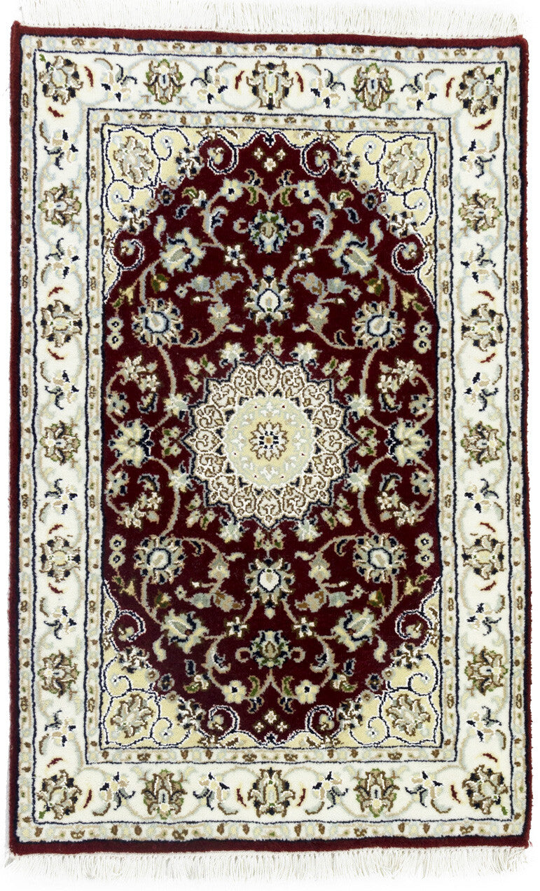 Small Hand-Knotted Red Floral Indo-Nain Oriental