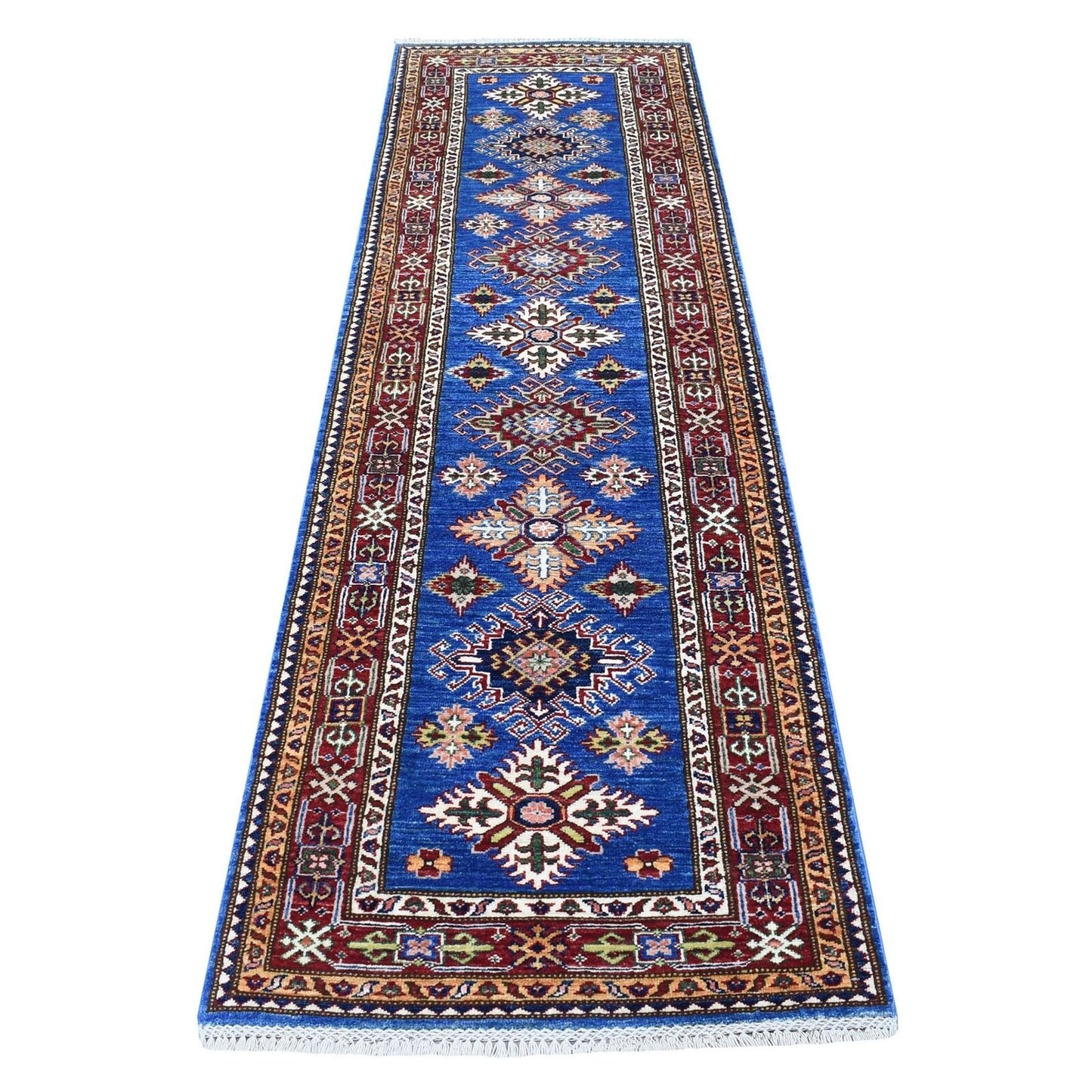 2'7"X8'7" Blue Super Kazak Tribal Design Hand Knotted Wool Runner Rug