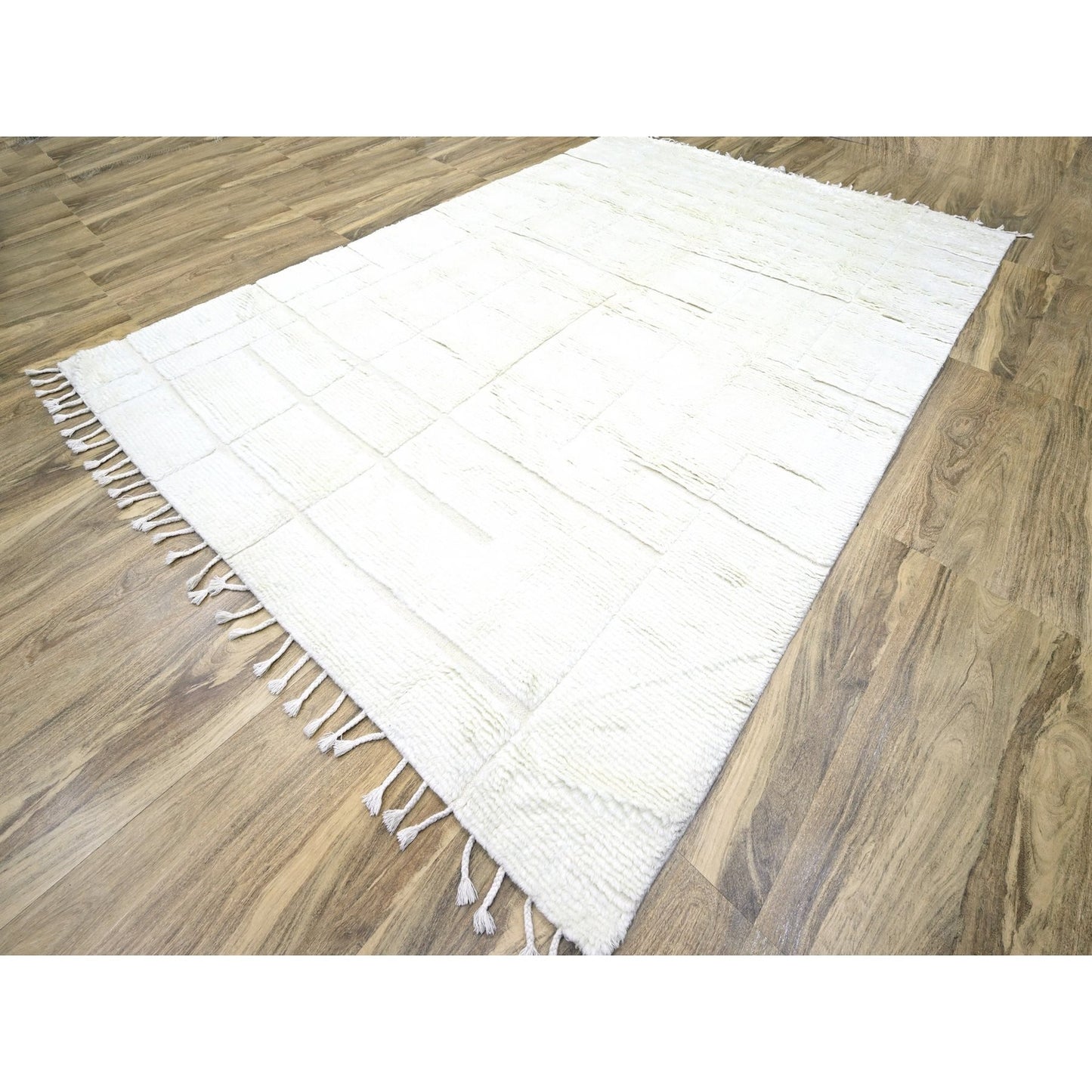 10'1"X14' Pearl White Moroccan Weave Grid Design Wool Hand Knotted Rug