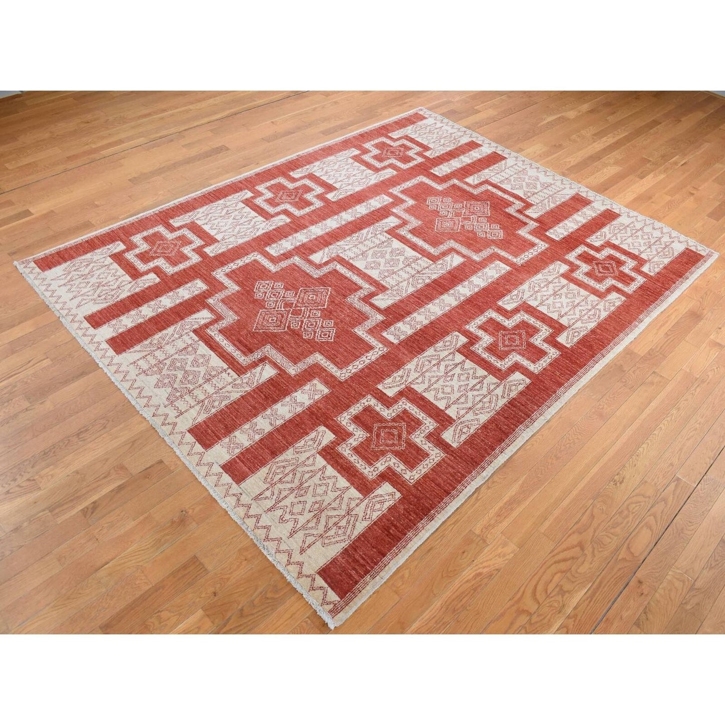 8'1"X10' Red Wool Hand Knotted Peshawar With Geometric Motifs Rug