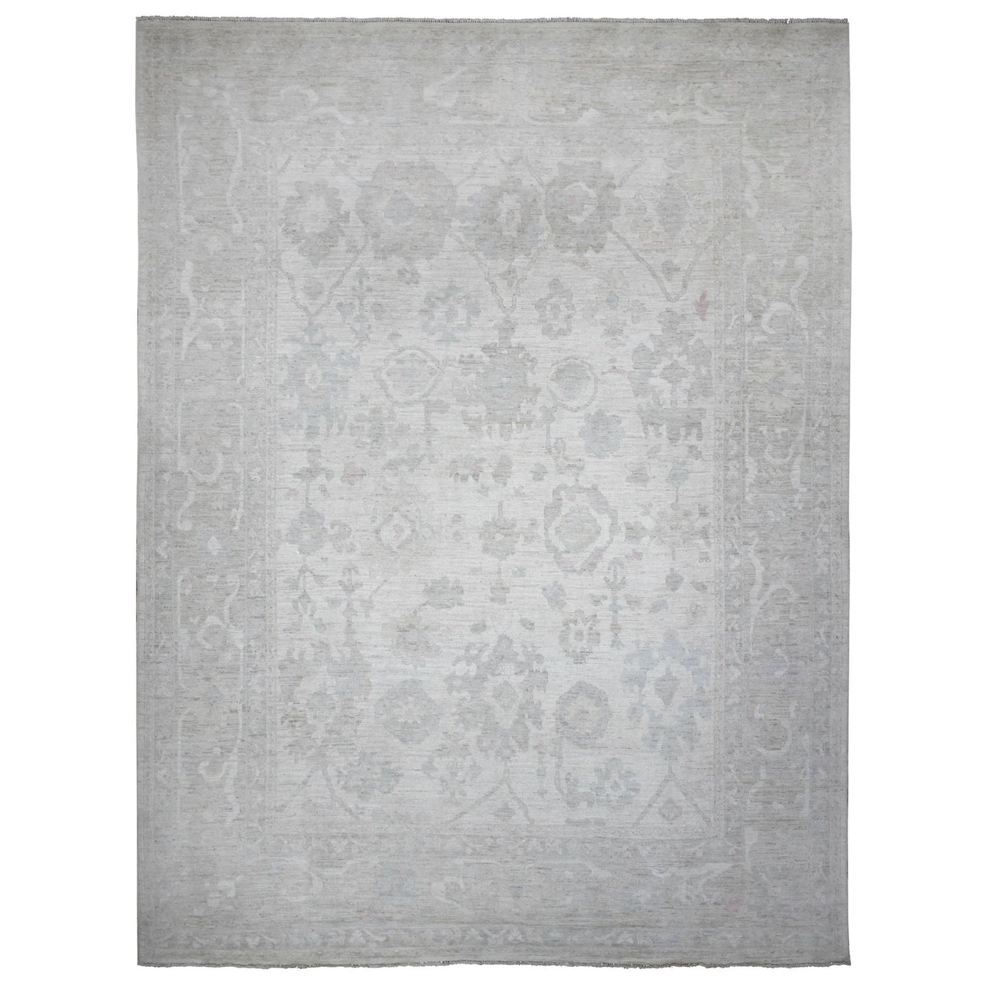 11'4"X15'5" Smoke White Wool Weft Afghan Angora Oushak Xl Oriental Rug