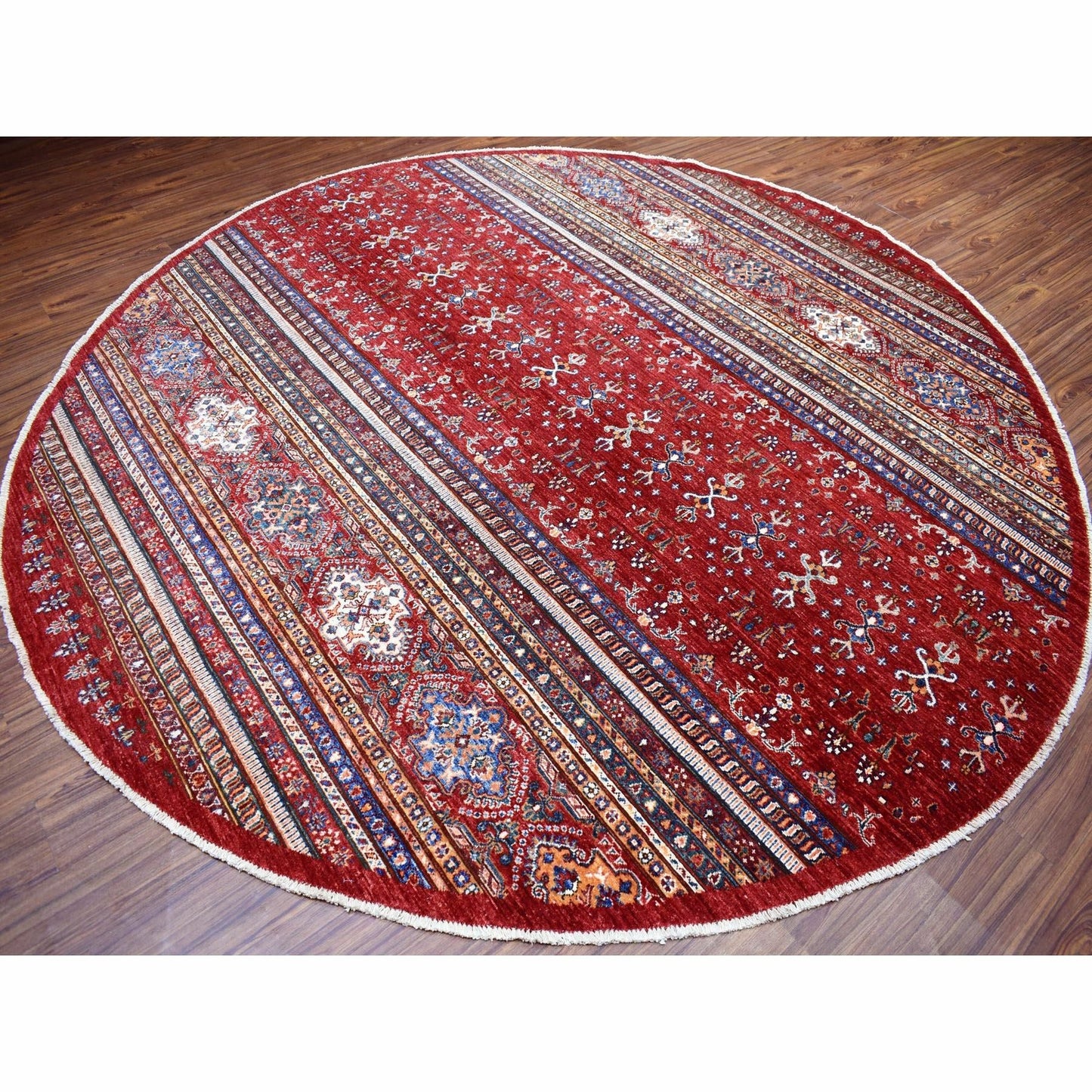 9'7"X9'7" Red Round Super Kazak Khorjin Design Natural Wool Oriental Rug