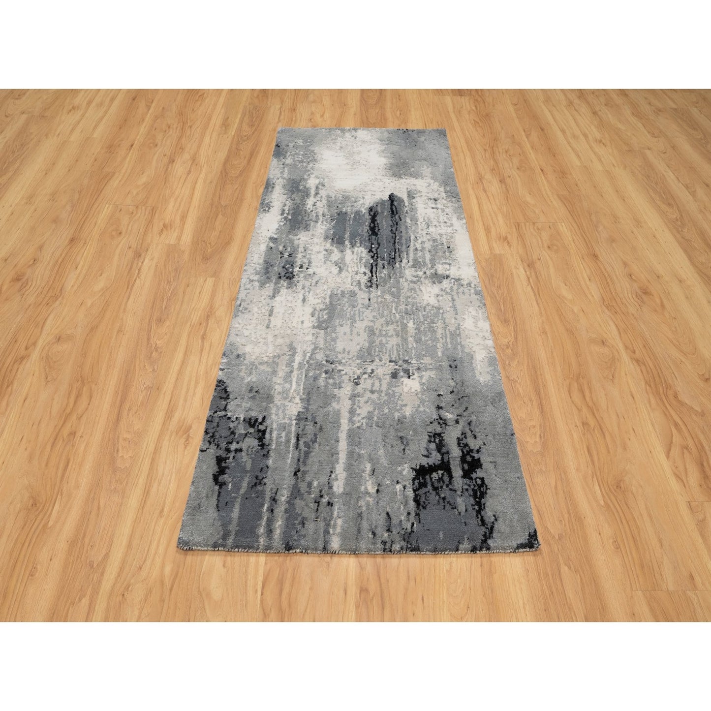 2'7"X6'4" Sable Black Abstract Design Wool & Silk Hand Knotted Runner Rug