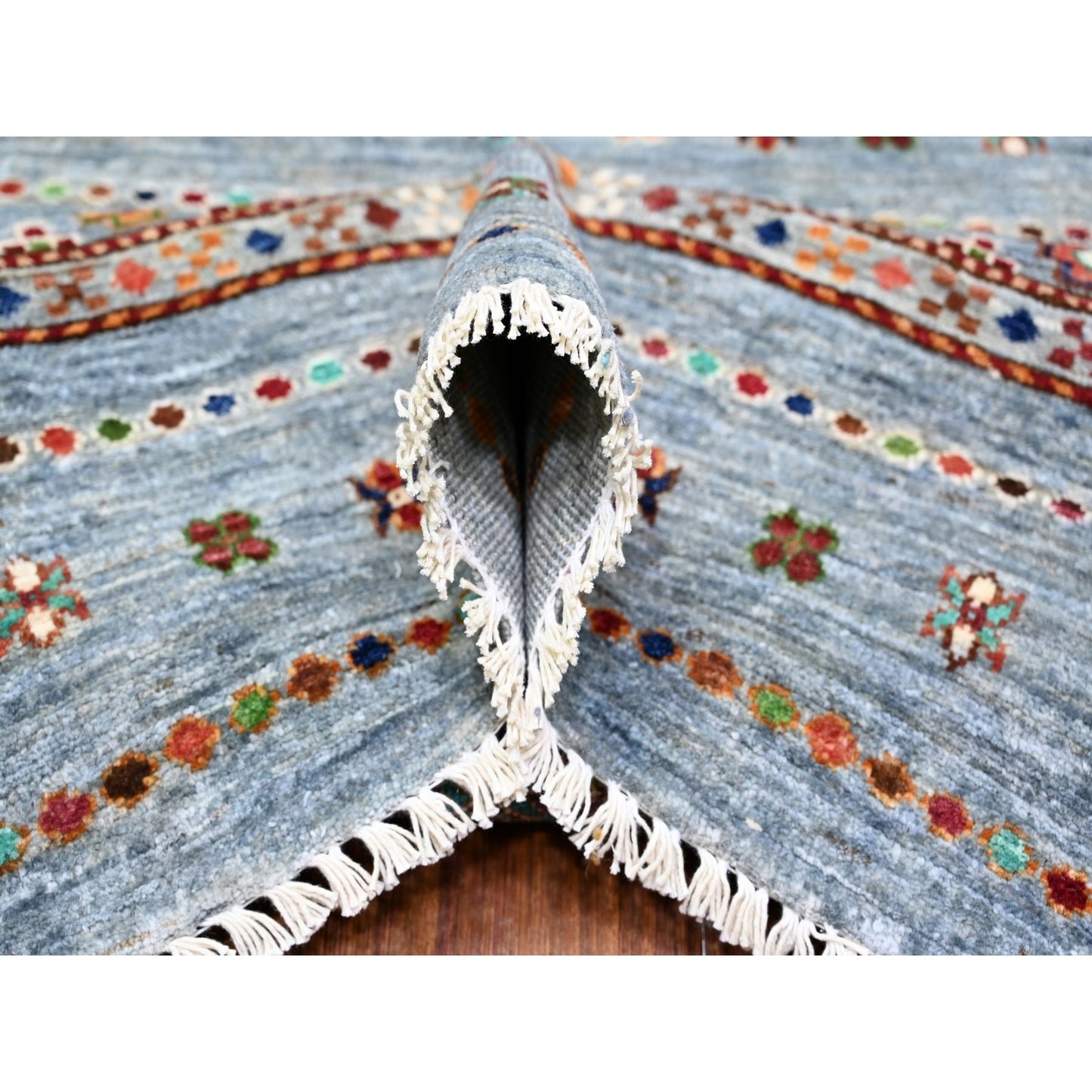8'2"X11'10" Blue Gray Super Kazak Khorjin Design Hand Knotted Wool Rug