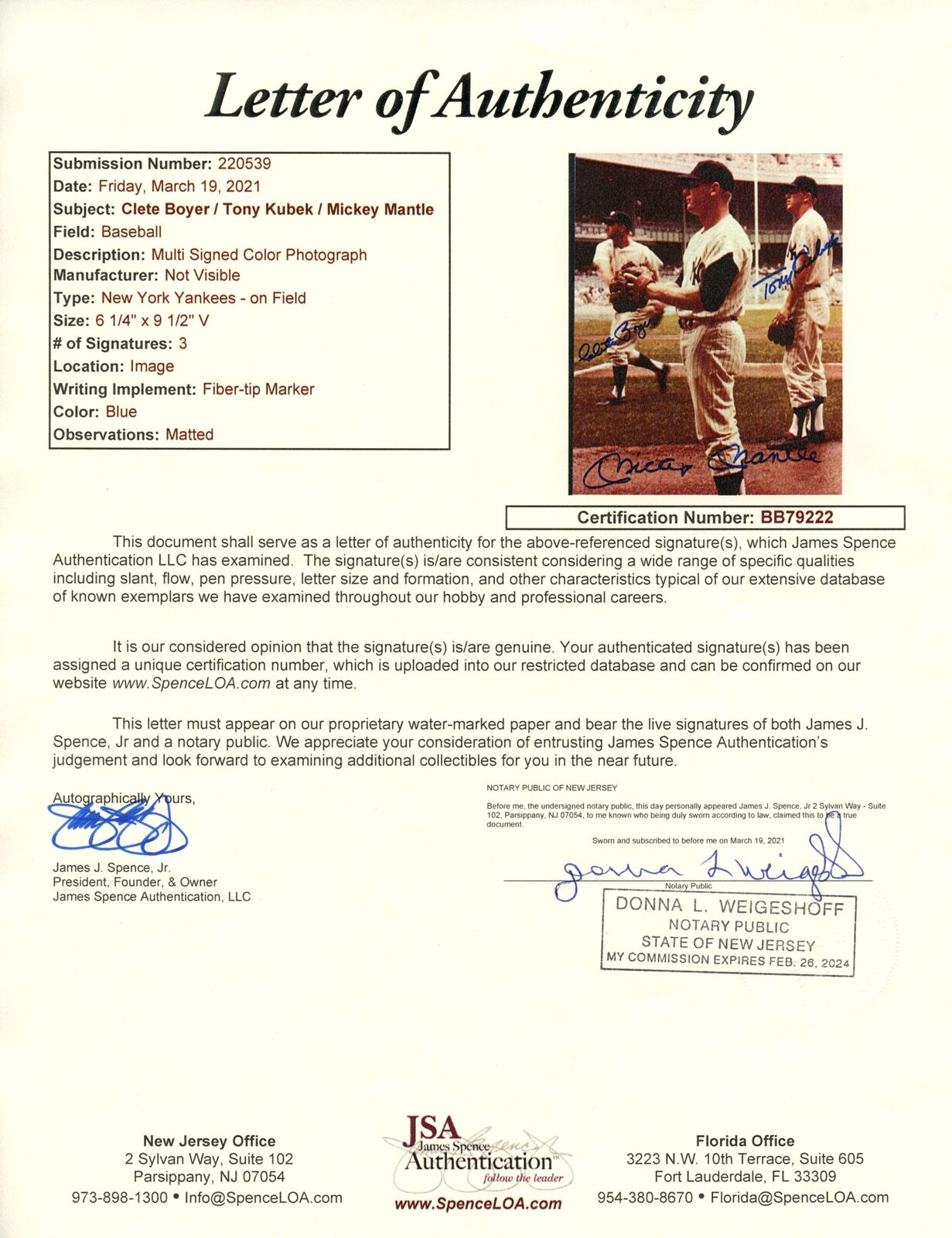 Mickey Mantle/Kubek/Boyer Yankees Signed/Auto