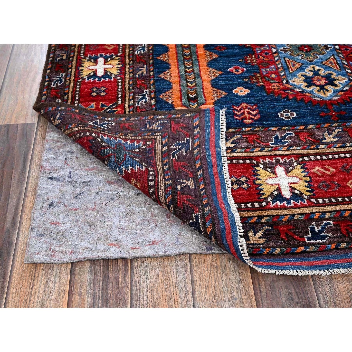 6'1"X8'5" Blue Afghan Caucasian Design Revival Hand Knotted Soft Wool Rug