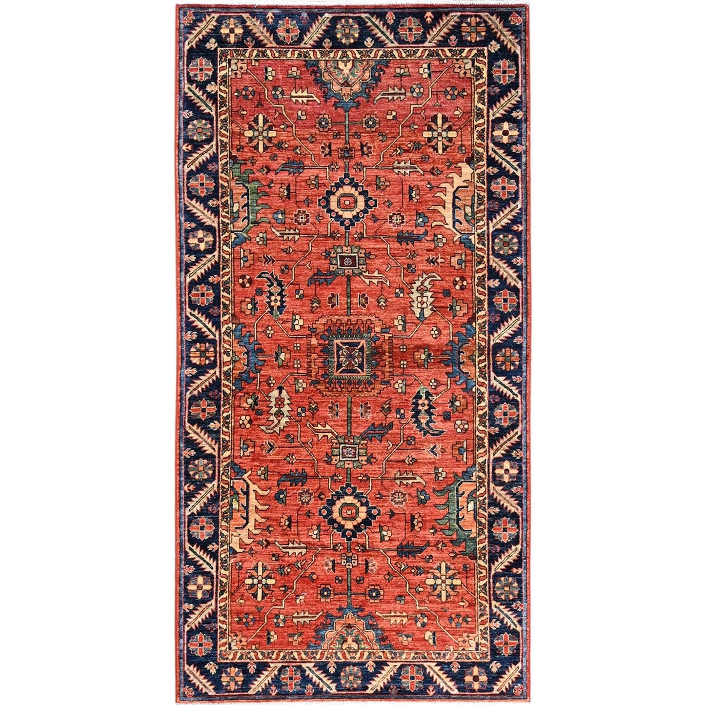 4'2"X8'4" Red Heris All Over Design Soft Wool Hand Knotted Runner Rug