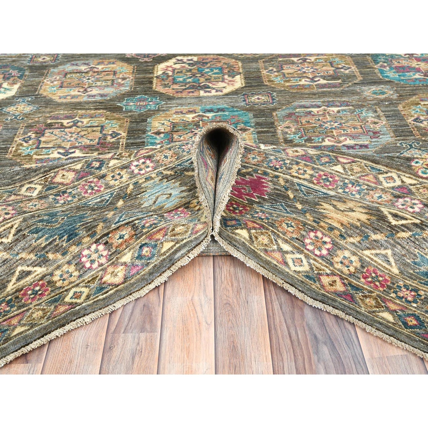 8'9"X11'7" Sage Green Hand Knotted Afghan Super Kazak Pure Wool Rug