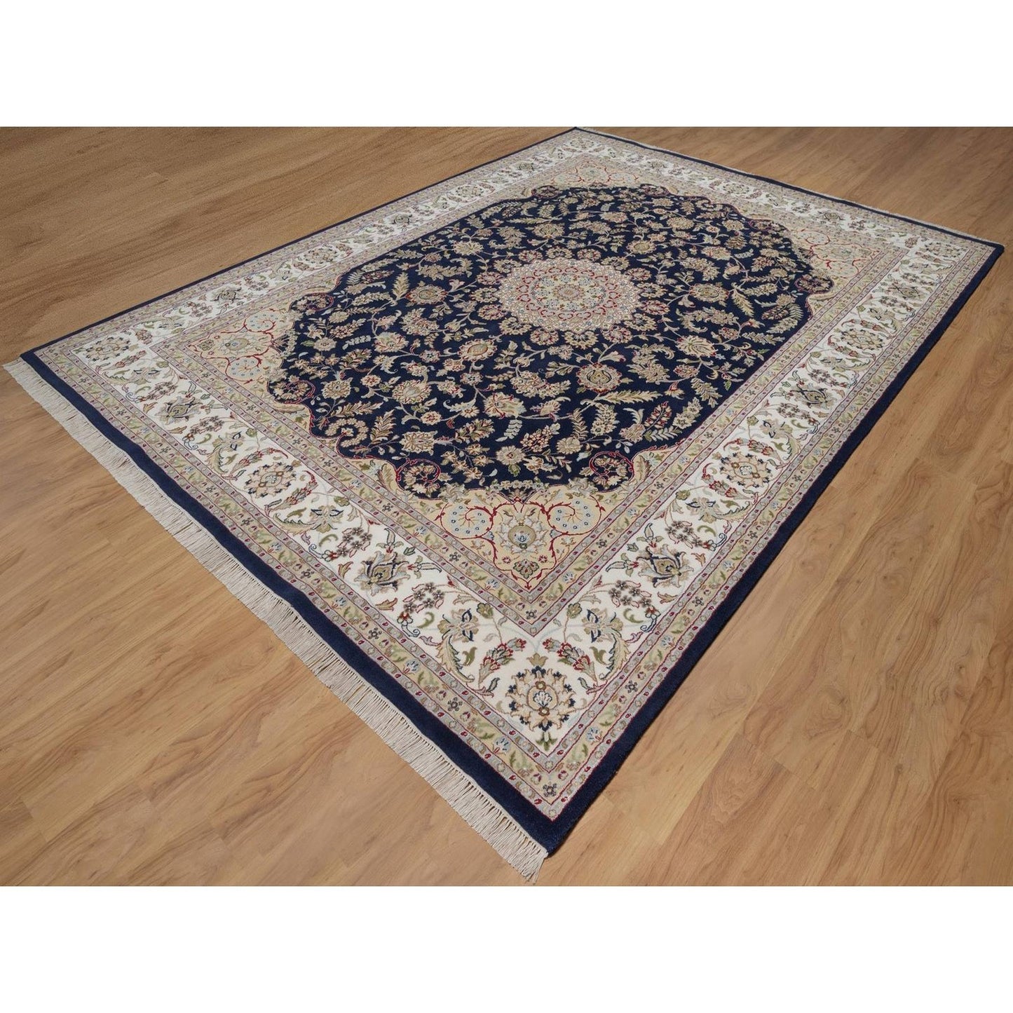 9'X12'2" Midnight Blue Nain Flower Design Wool And Silk Hand Knotted Rug
