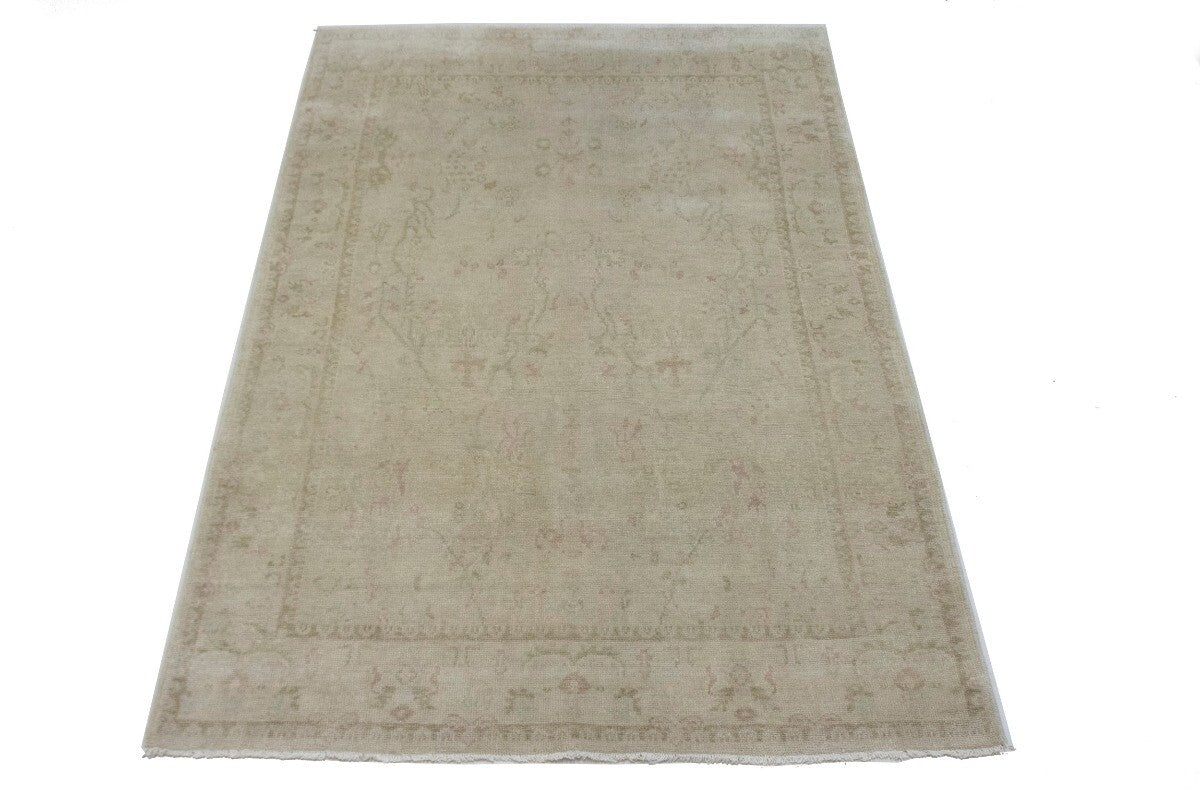 Transitional Muted Beige Floral Handmade Oriental