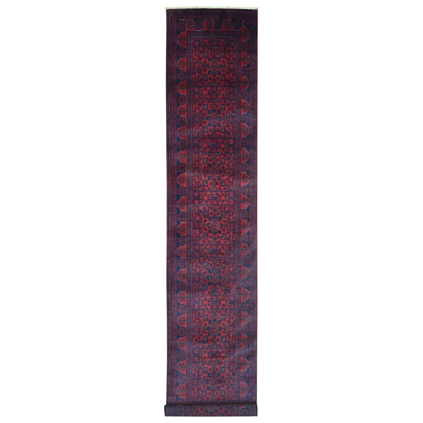 2'8"X16'3" Vermilion Red Afghan Khamyab Pure Wool Hand Knotted Runner Rug