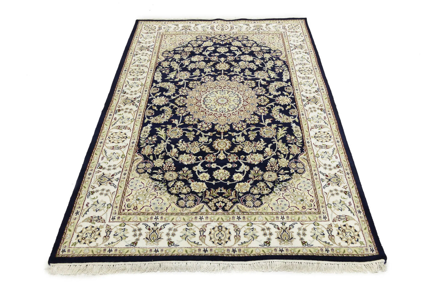 Indo Nain Oriental Rug Handmade Wool Carpet Blue