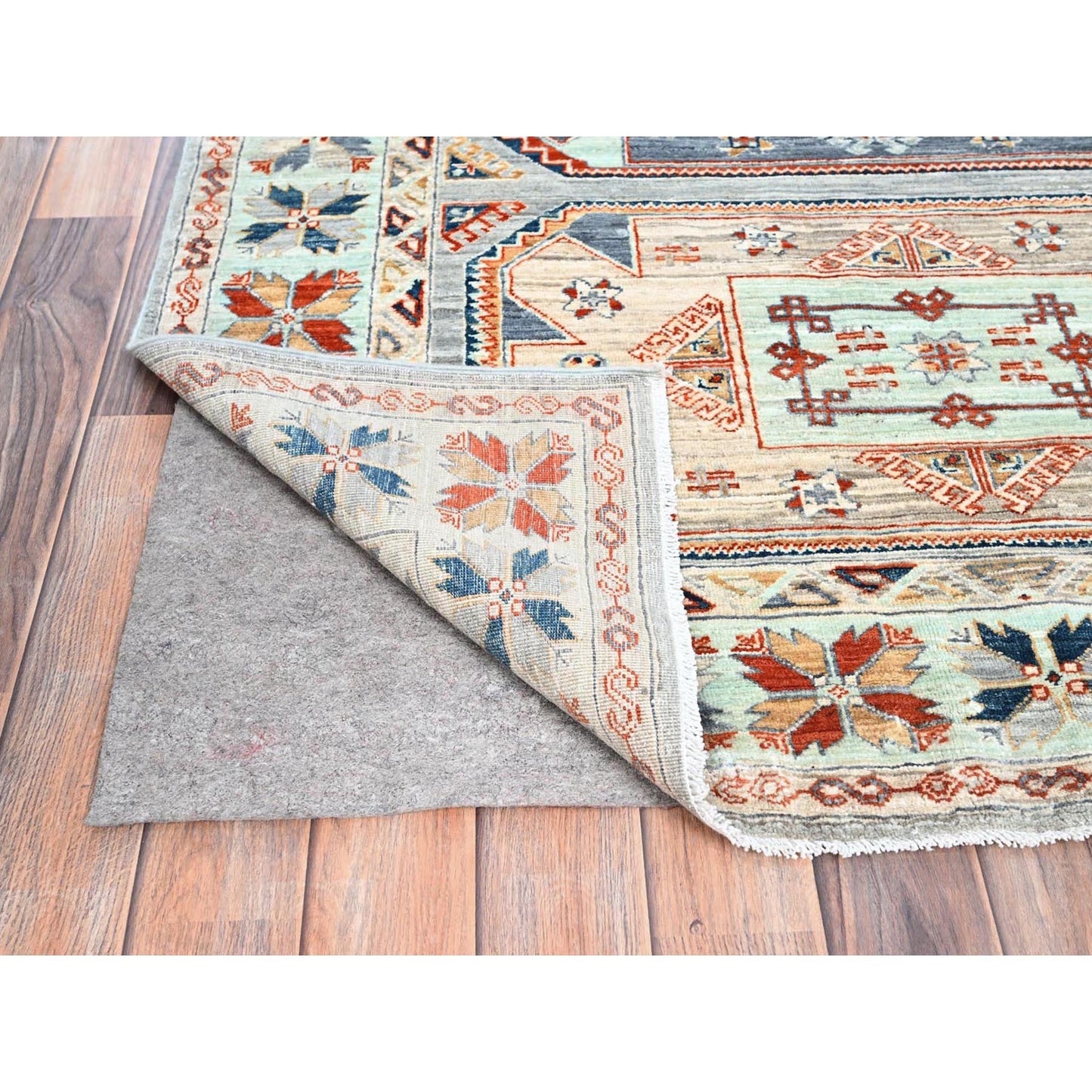 4'X11'9" Blue 200 Kpsi Wool Caucasian Design Hand Knotted Wide Runner Rug