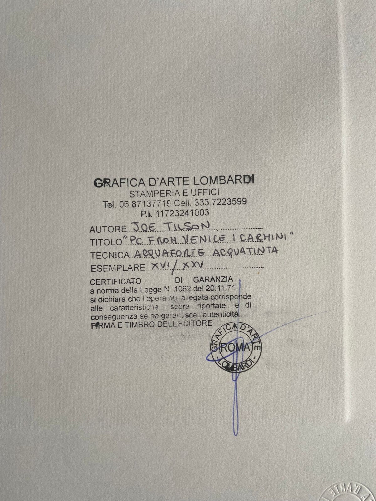 Joe Tilson' Pc From Venice' Etching Signed A Hand Certified