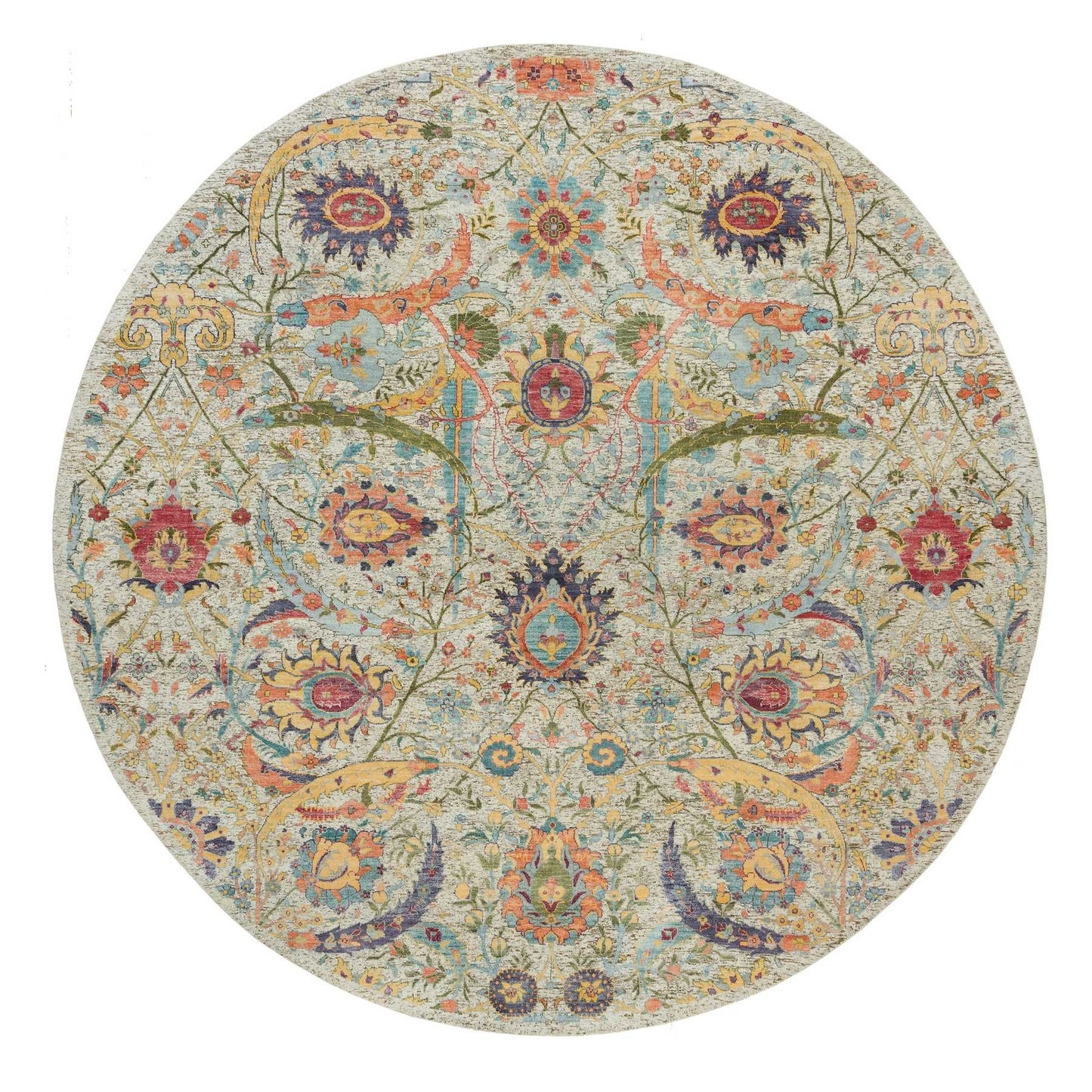 10'X10' Birch Tan Hand Knotted Silk And Wool Sickle Leaf Design Round Rug