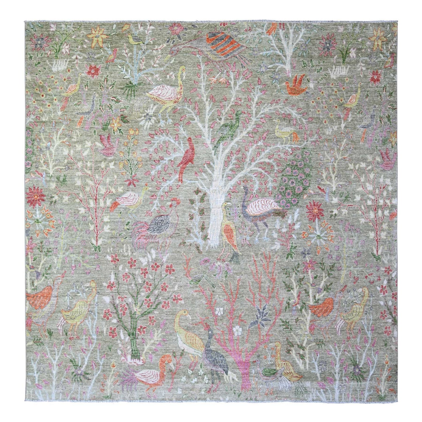 8'X8' Green Birds Of Paradise Hand Knotted Wool Peshawar Square Rug