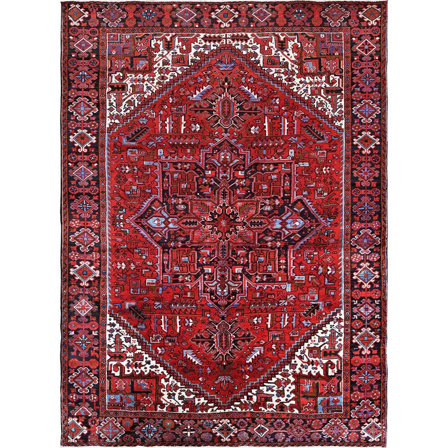 8'4"X11'4" Red Vintage Zoroastrian Heris Sheared Low Hand Knotted Wool Rug