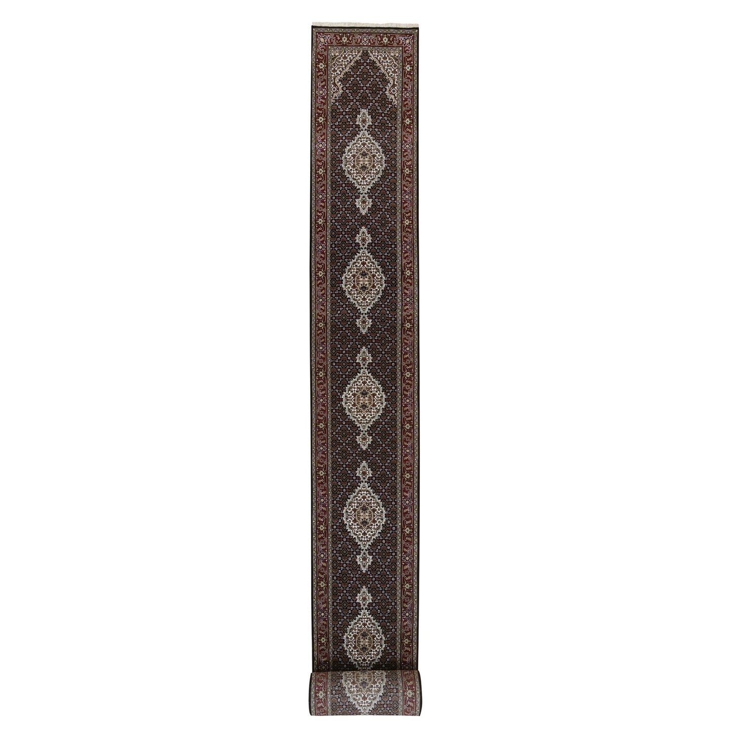 2'4"X27'1" Black Hand Knotted Tebraz Mahi Wool And Silk Runner Rug