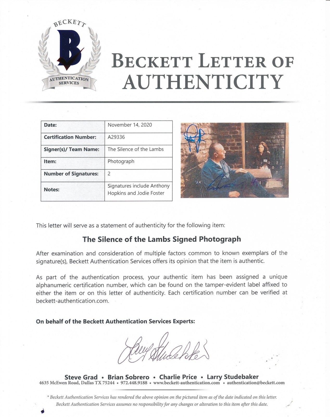 Hopkins/Foster Dual-Signed 8X10 Photo "Silence Of The Lambs" Beckett 190285