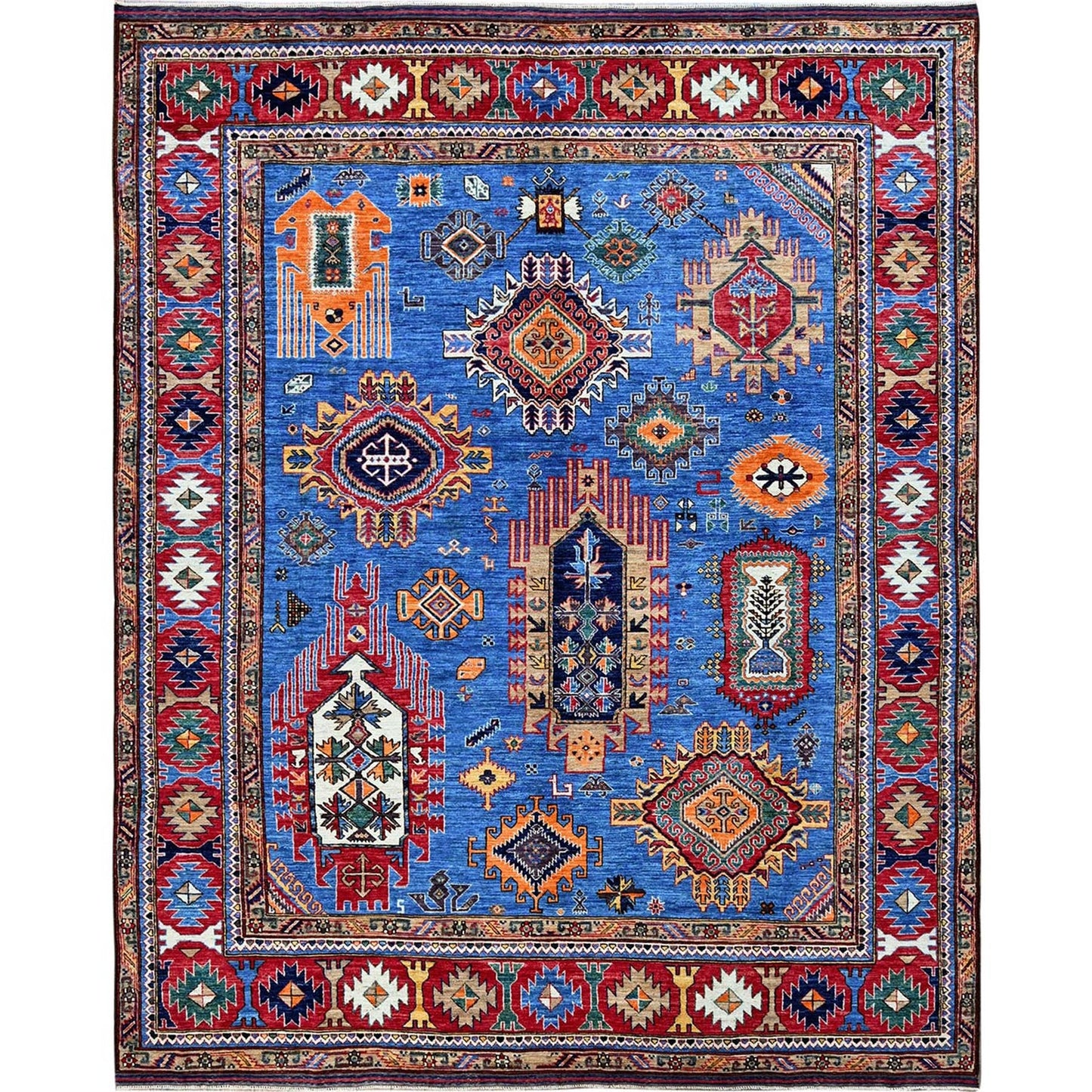 8'1"X9'10" Blue Afghan Caucasian Design Revival Hand Knotted Soft Wool Rug