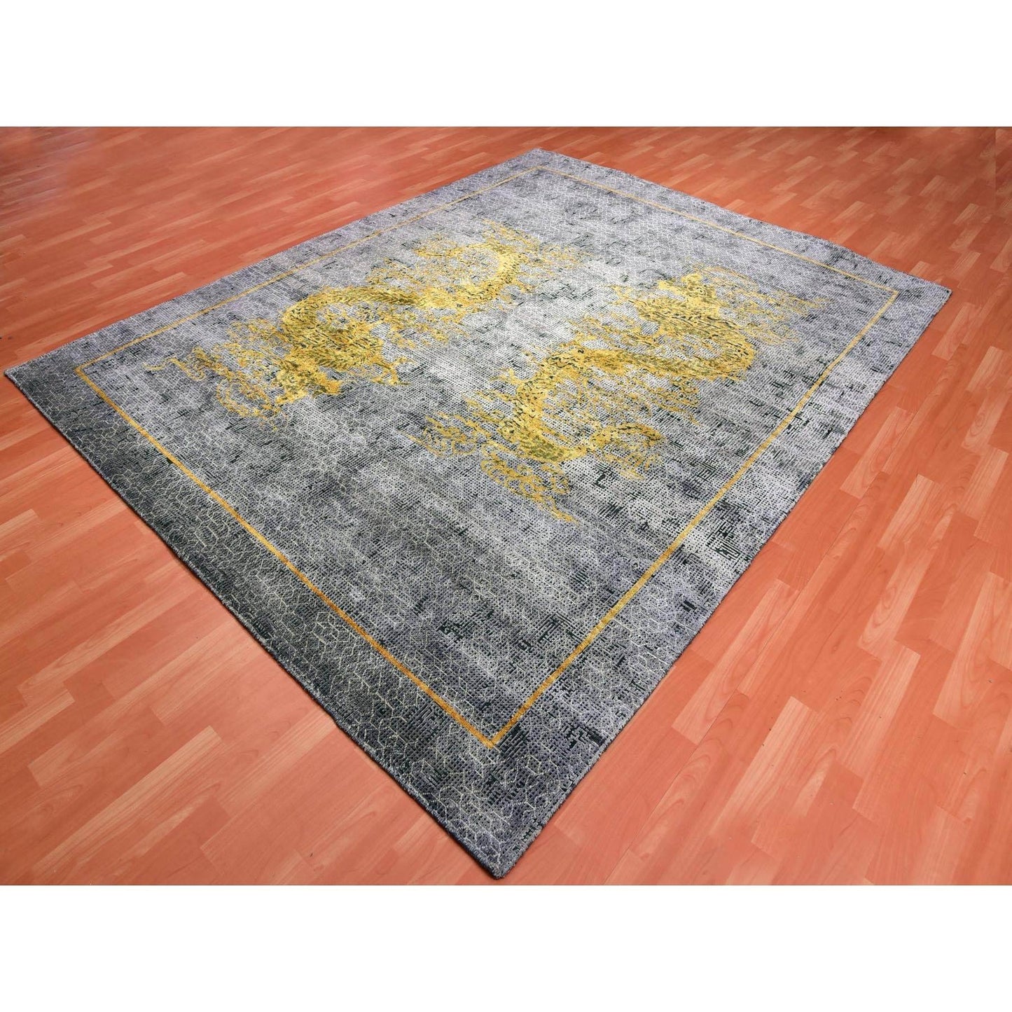 8'X10'3" Gray Golden Dragons Chinese Inspired Wool/Silk Hand Knotted Rug
