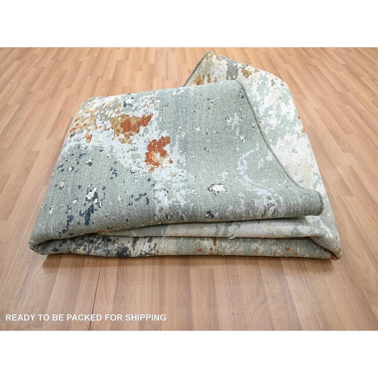 8'X8' Gray With Peach Abstract Design Pure Wool Hand Knotted Round Rug