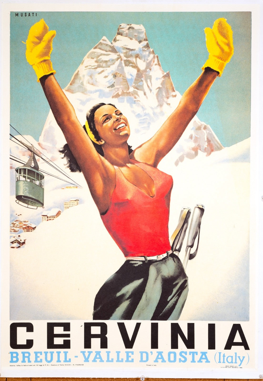 Vintage Italian Ski Poster Cervinia By Arnaldo Musati, 1970S Printing