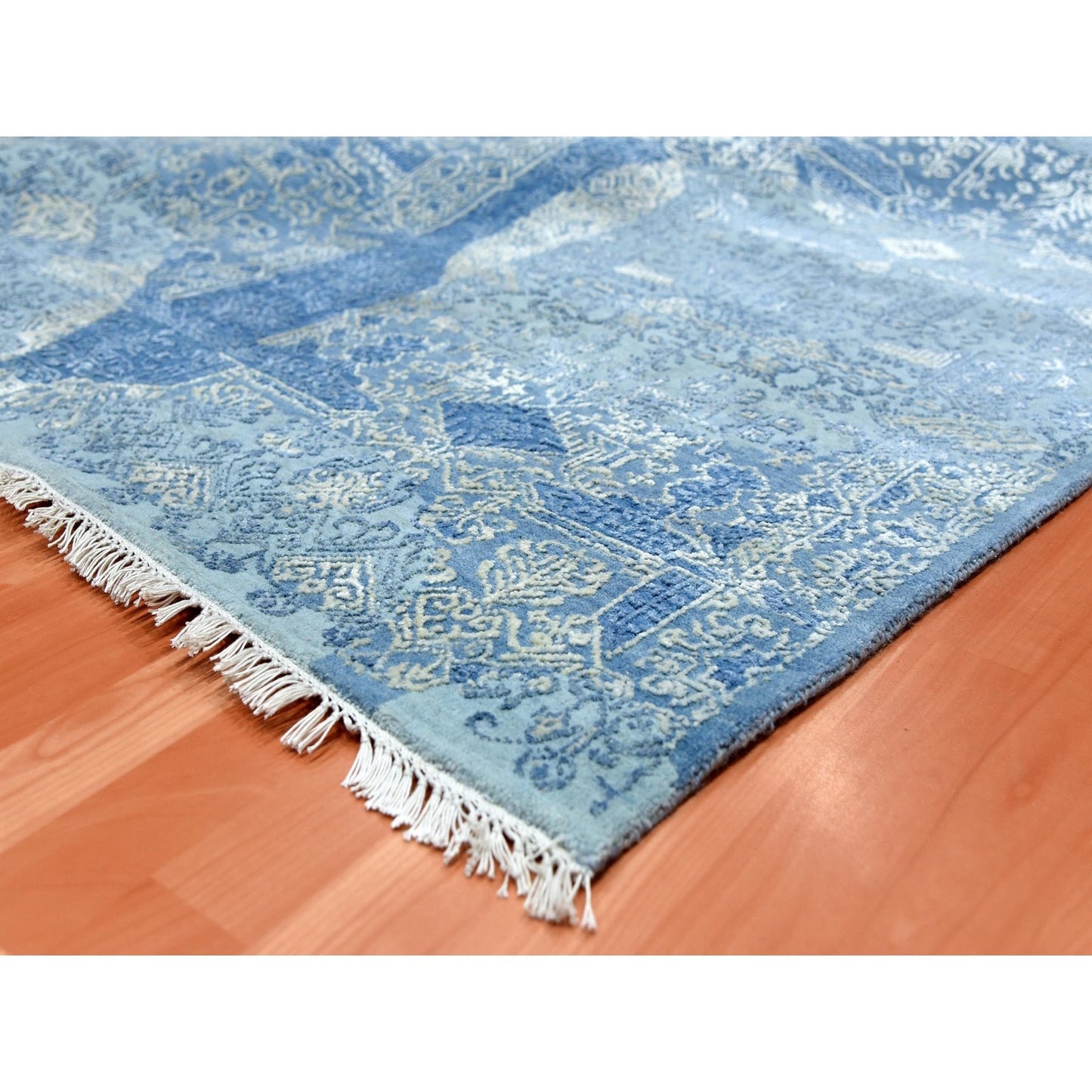 10'2"X10'2" Blue, Hand Knotted Jewellery Design, Wool And Silk Square Rug