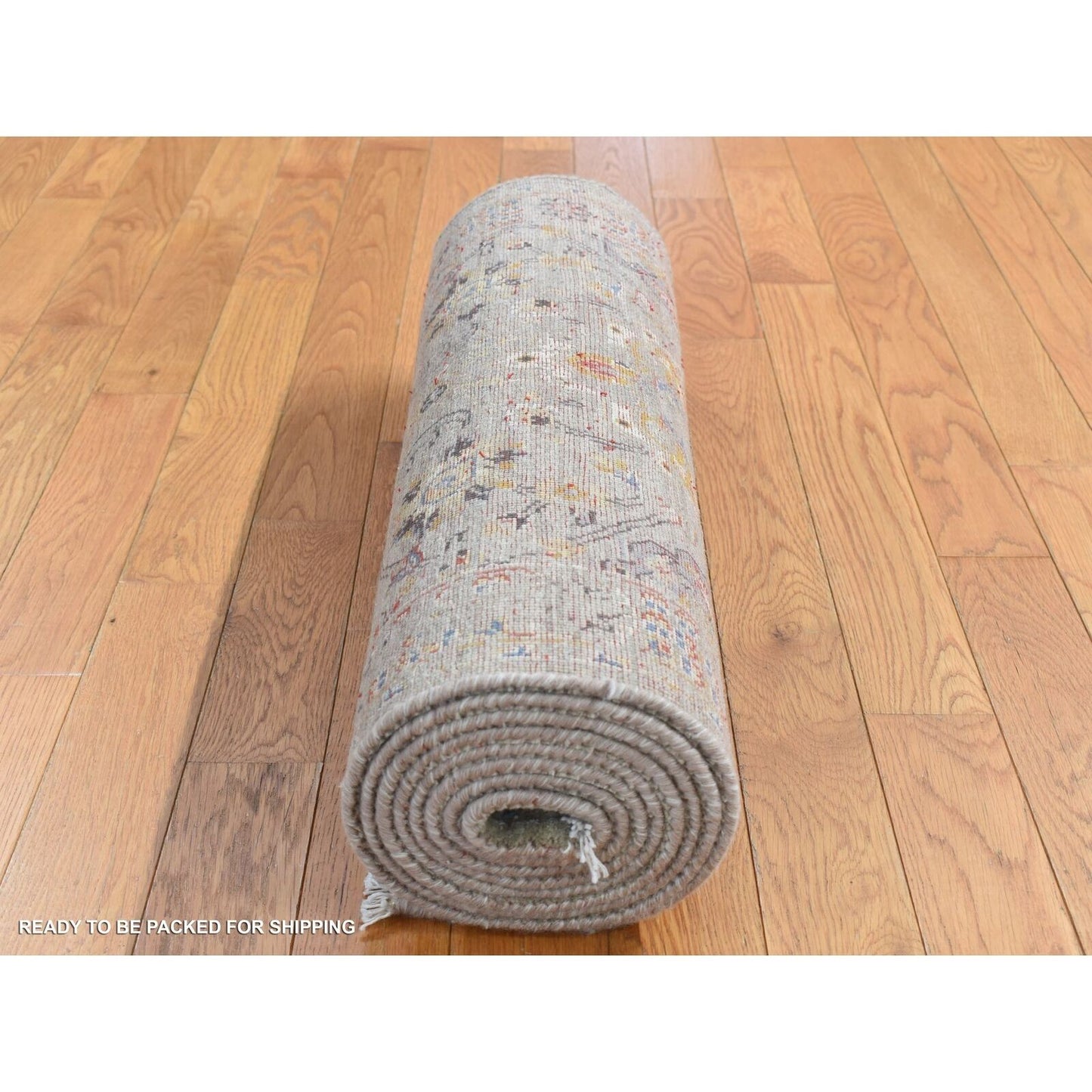 2'6"X10' Gray The Sunset Rosettes Silk And Wool Hand Knotted Runner Rug
