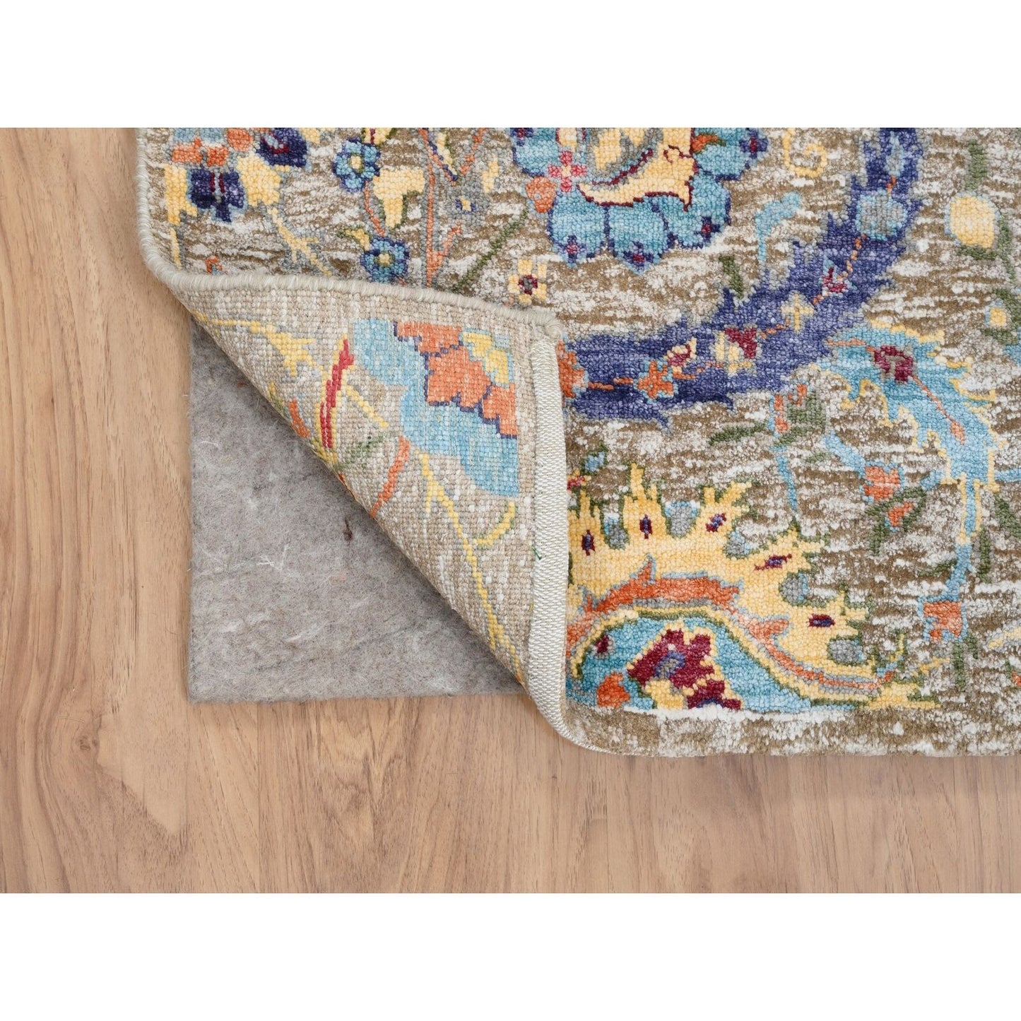4'1"X12'2" Tan Sickle Design Silk And Wool Hand Knotted Wide Runner Rug
