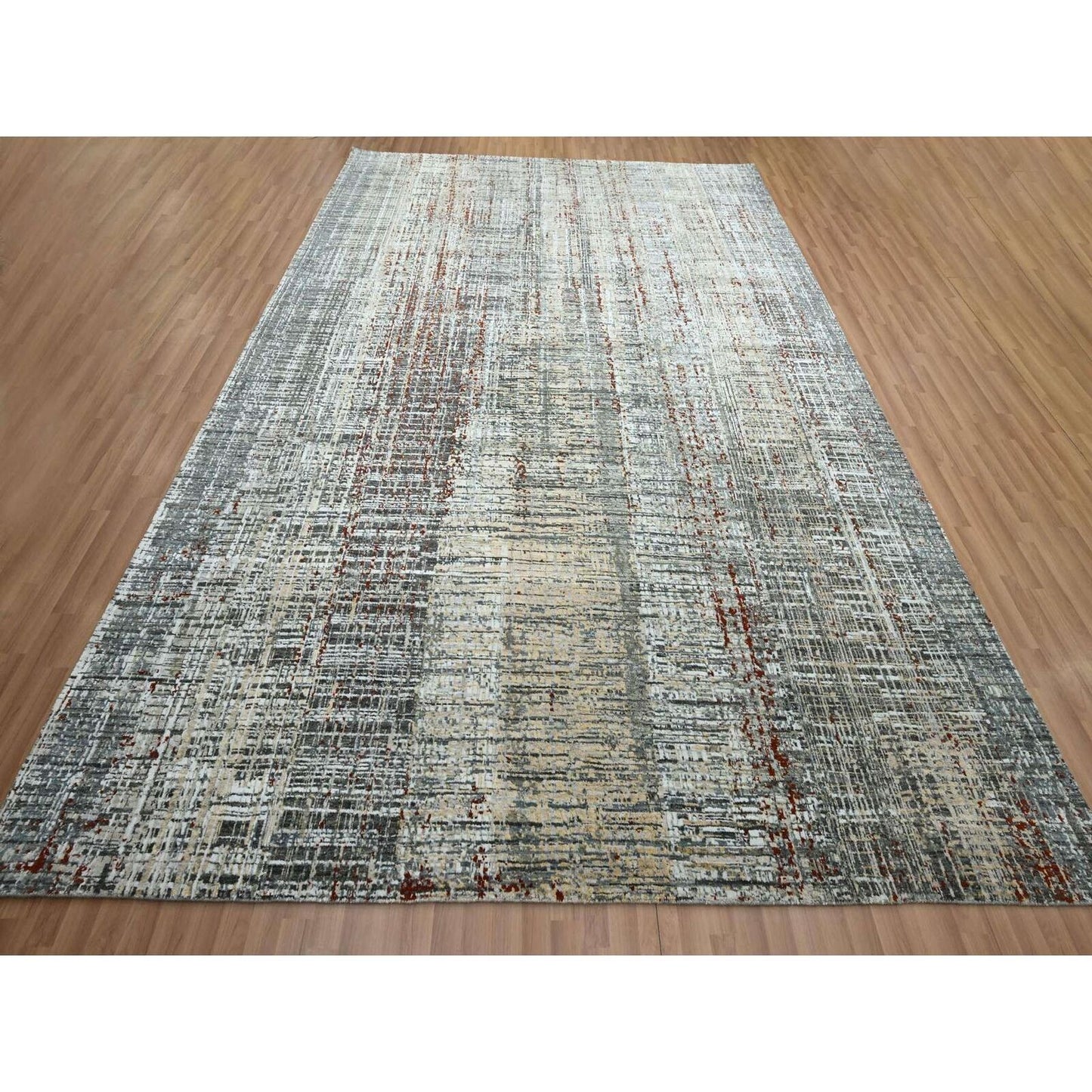 9'X12'3" Anchor Gray With Beige Abstract Design All Wool Hand Knotted Rug