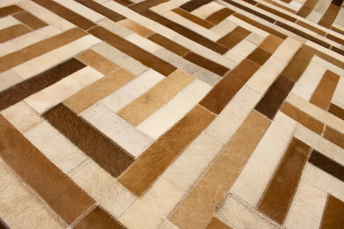 Handcrafted Brown Beige Cowhide Leather Rug