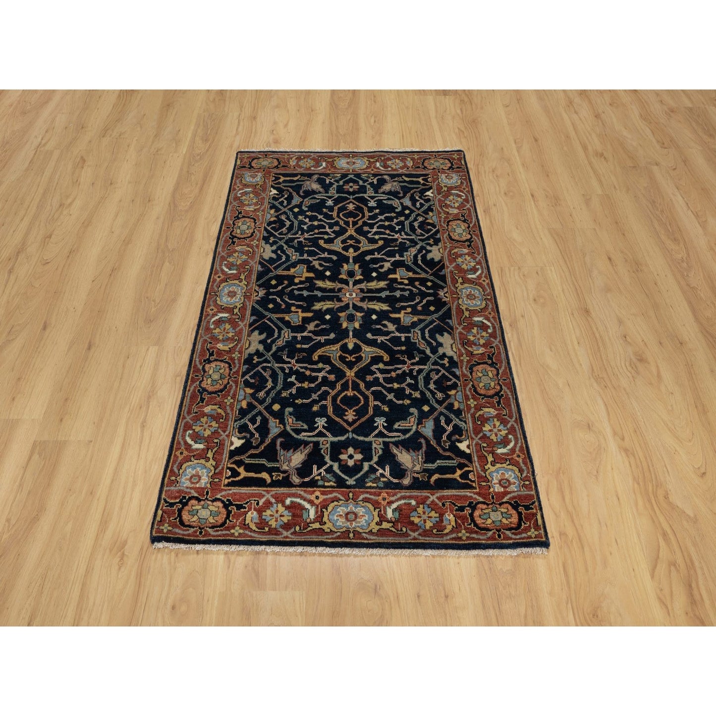 3'1"X5'2" Midnight Blue Organic Wool Antiqued Fine Heris Hand Knotted Rug