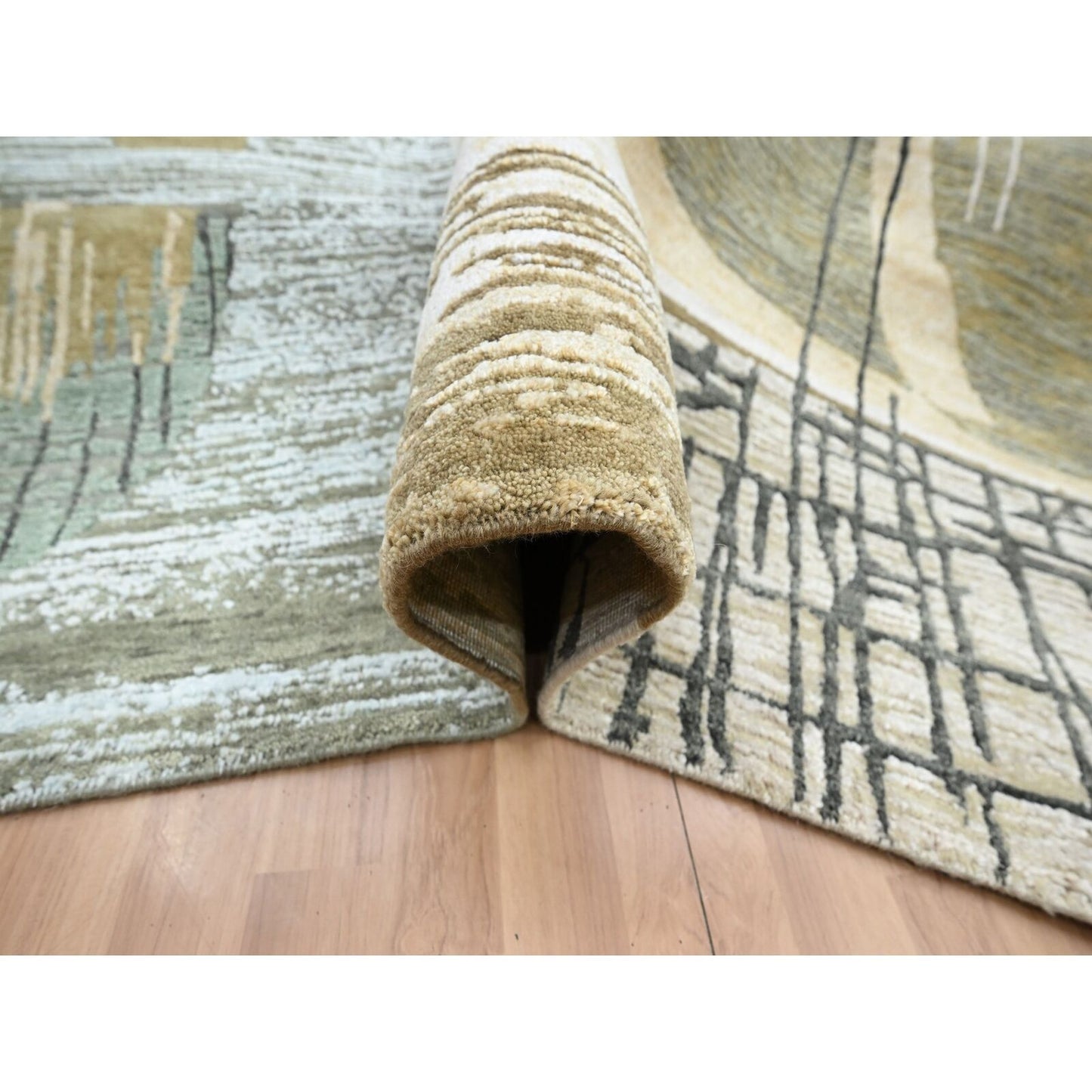 9'X11'9" Gray-Brown Abstract Geometric Pattern Hand Knotted Pure Wool Rug