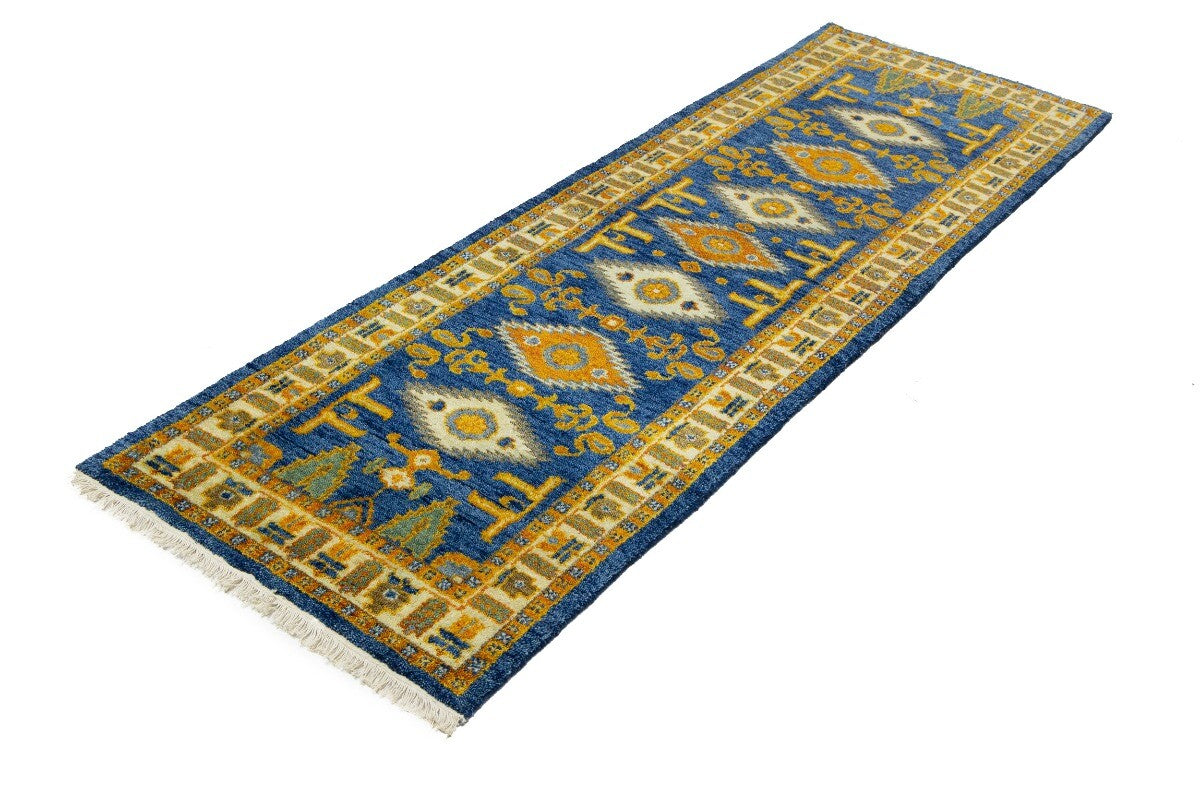 Vintage Style Blue Geometric Kazak Runner Rug