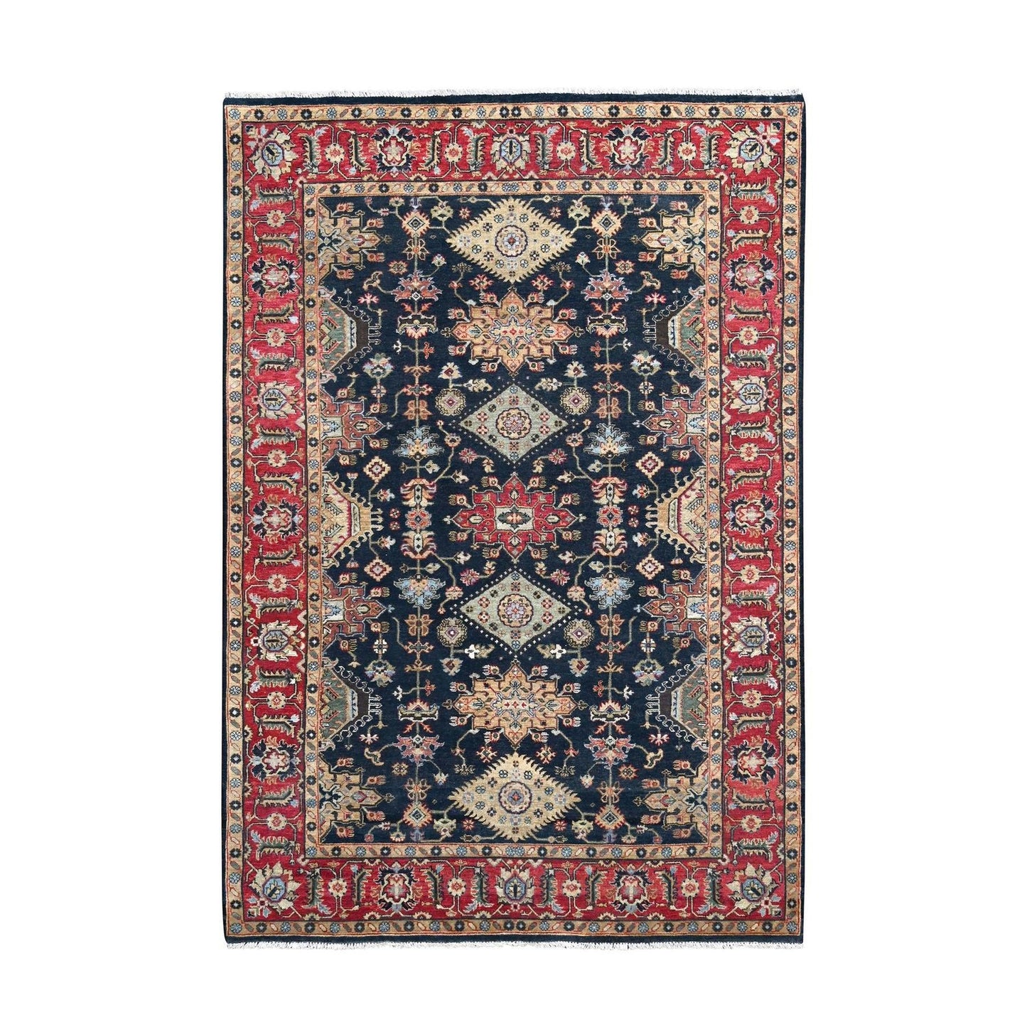 6'X9' Retro Black Hand Knotted Karjihooz Design Natural Wool Oriental Rug