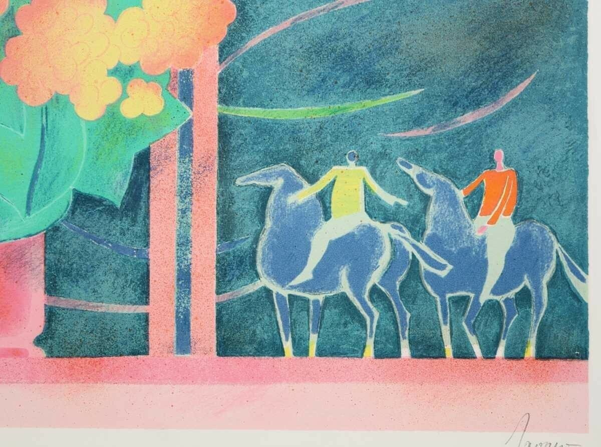 Albert Zavaro Original Lithograph Signed - Still Life Flowers Horse