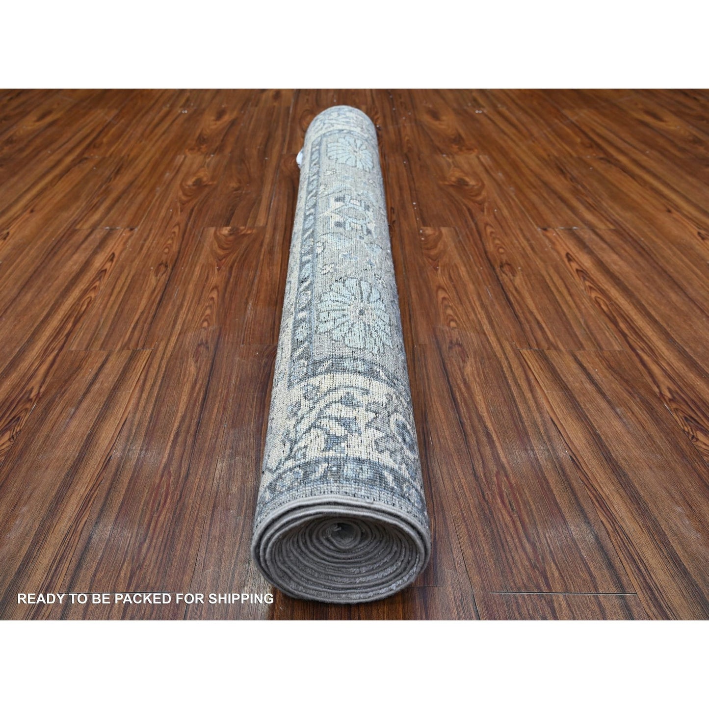 4'X12' Upward Gray Wool Sickle Leaf Design Wide Runner Hand Knotted Rug